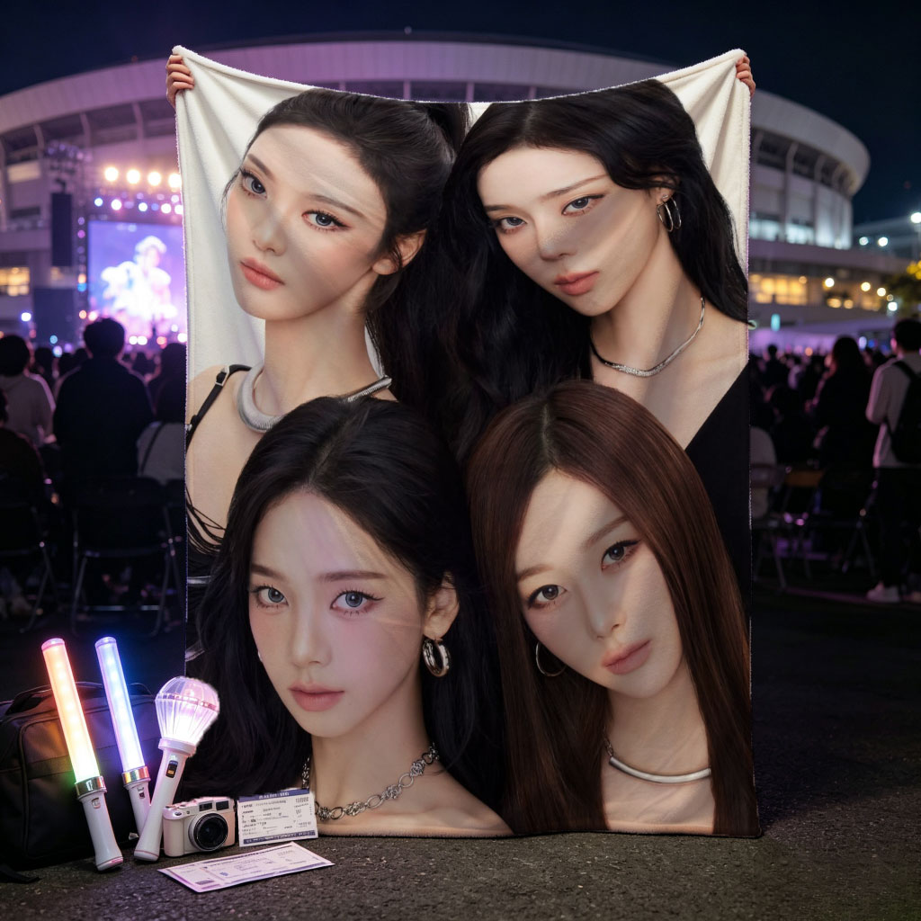 Aespa Members in a Close-Up Group Portrait with Elegant Black Outfits and Stylish Jewelry - Blankets