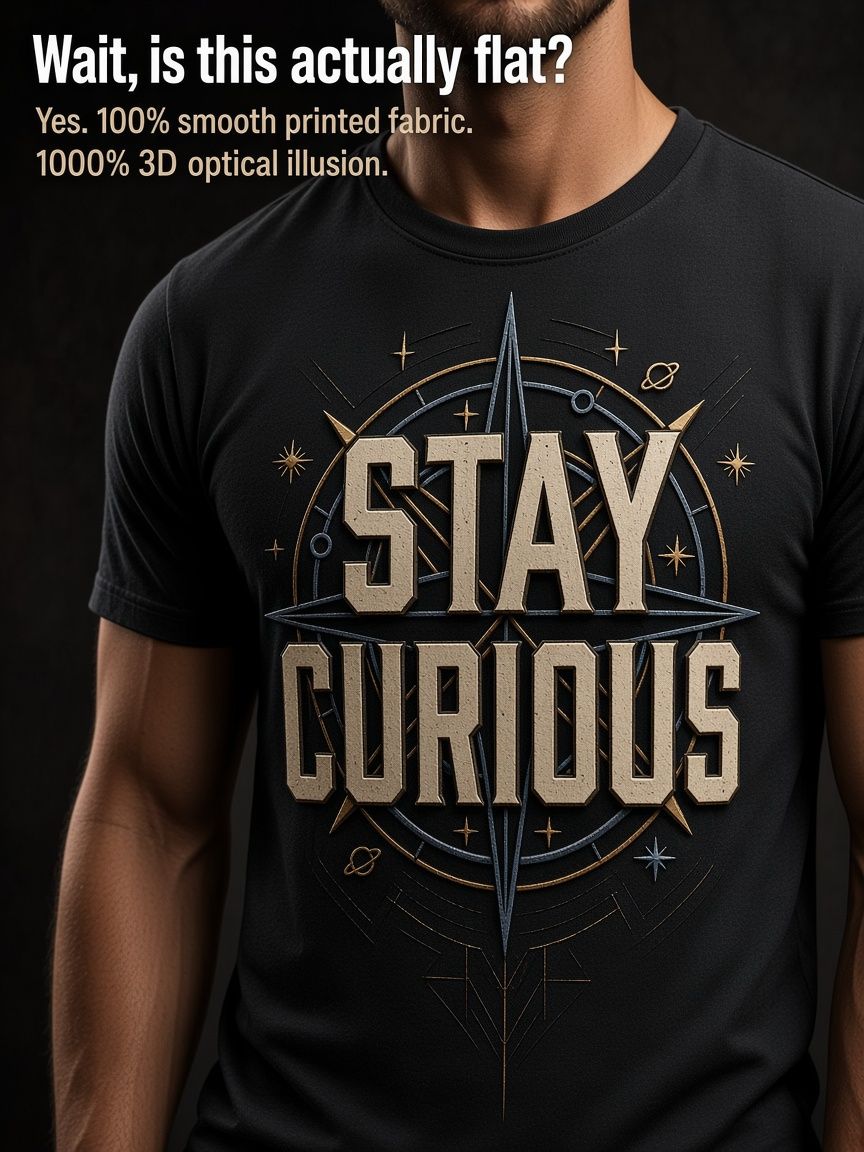 Stay Curious Compass 3D Optical Illusion Graphic Tee Breathable Athletic Mesh T-Shirt Casual Sports Wear