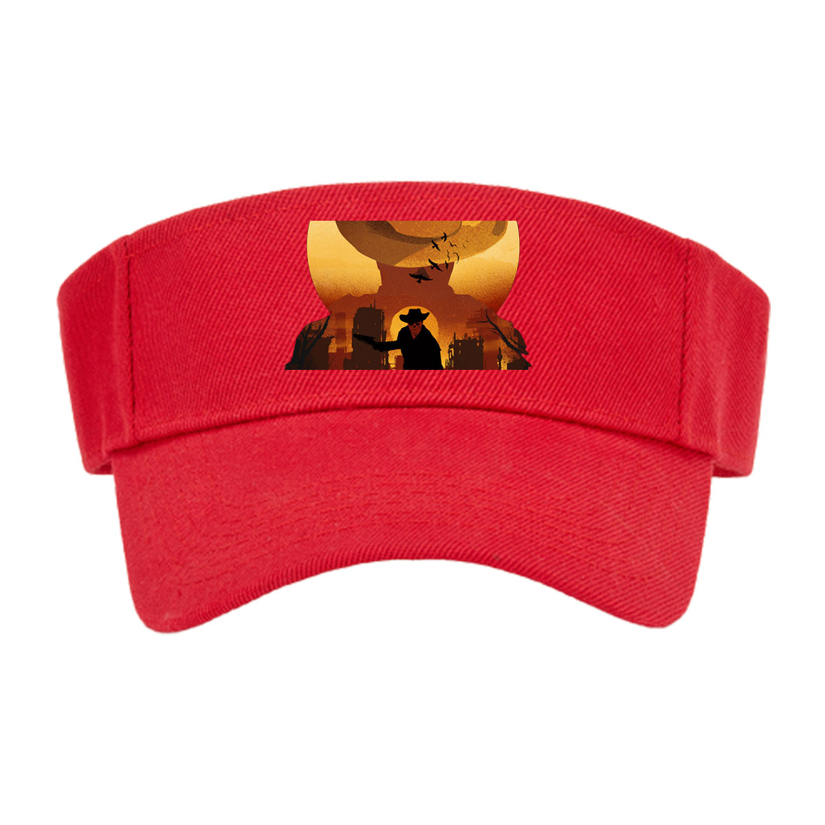 Cowboy Silhouette Against Sunset with Giant Hat and Birds in Sky -  Visor cap
