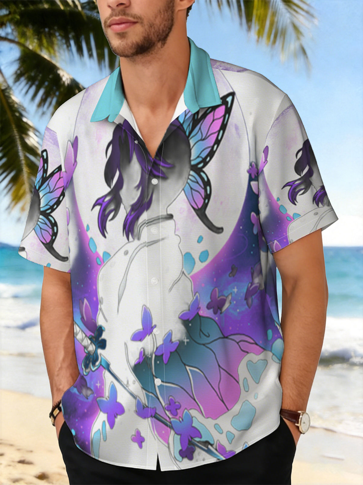 Shinobu Kocho from Demon Slayer, butterfly wings, moonlit silhouette, sword, purple butterflies -  Shirt