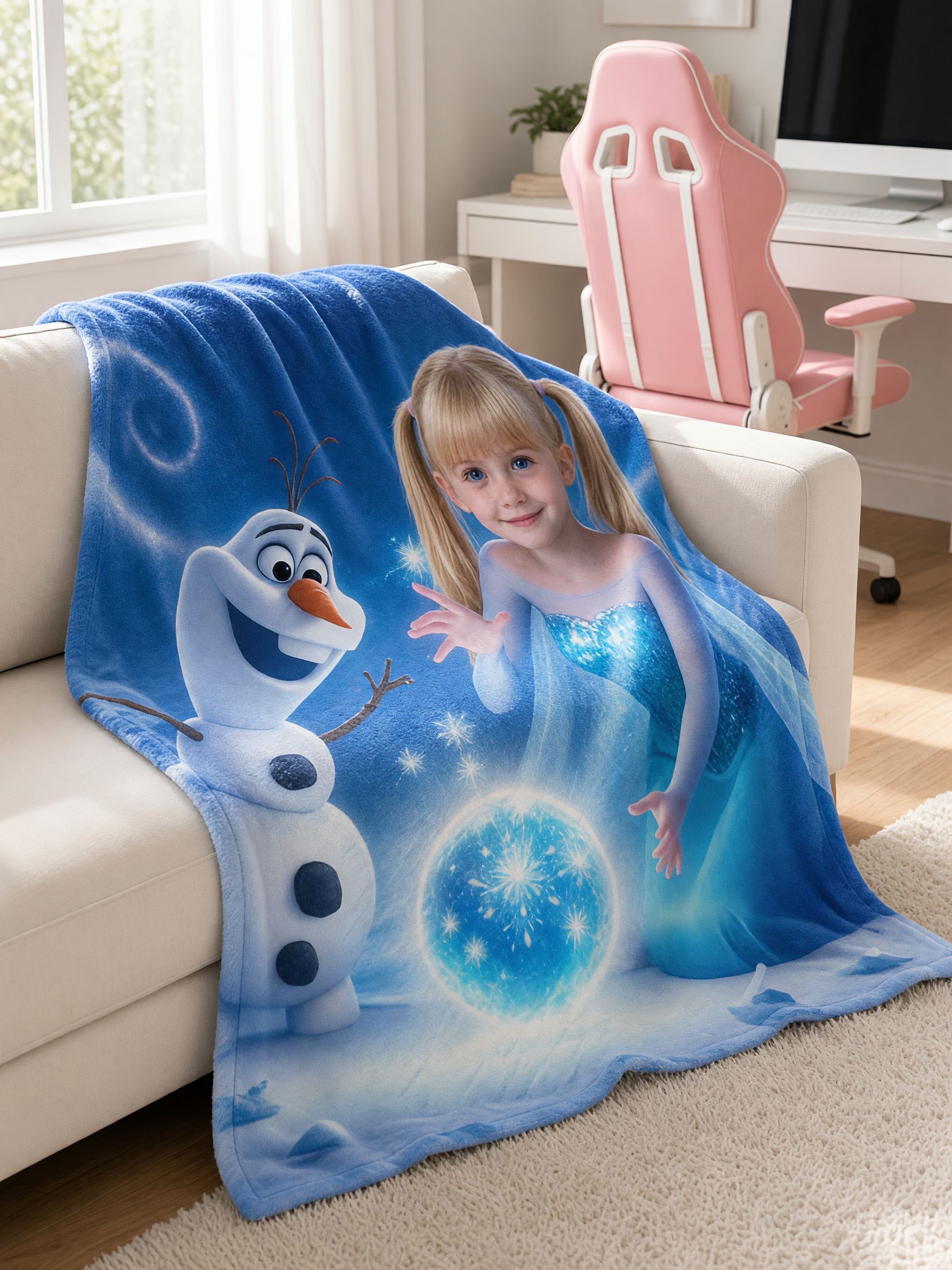 Custom Face Photo Blanket Personalized Ice Princess Winter Snowman Flannel Throw Soft Cozy Keepsake Gift for Kids
