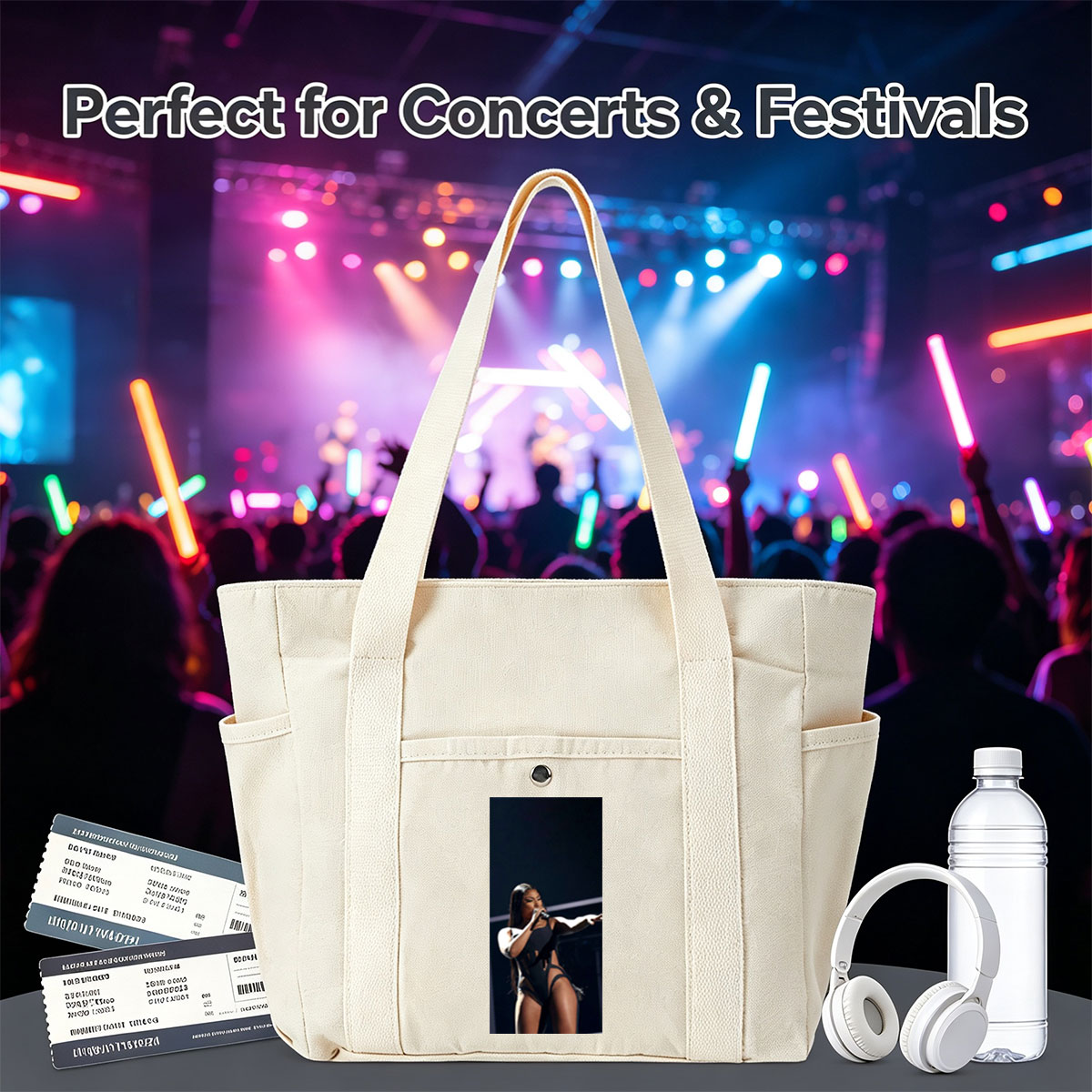 Cardi B Performing on Stage in a Black Bodysuit Holding a Microphone - Multi-pocket bags
