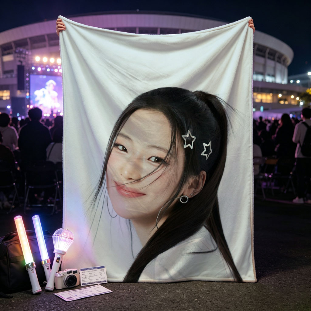 Korean Actress in White Outfit with Star Hair Clips Smiling Softly Against Light Blue Background - Blankets