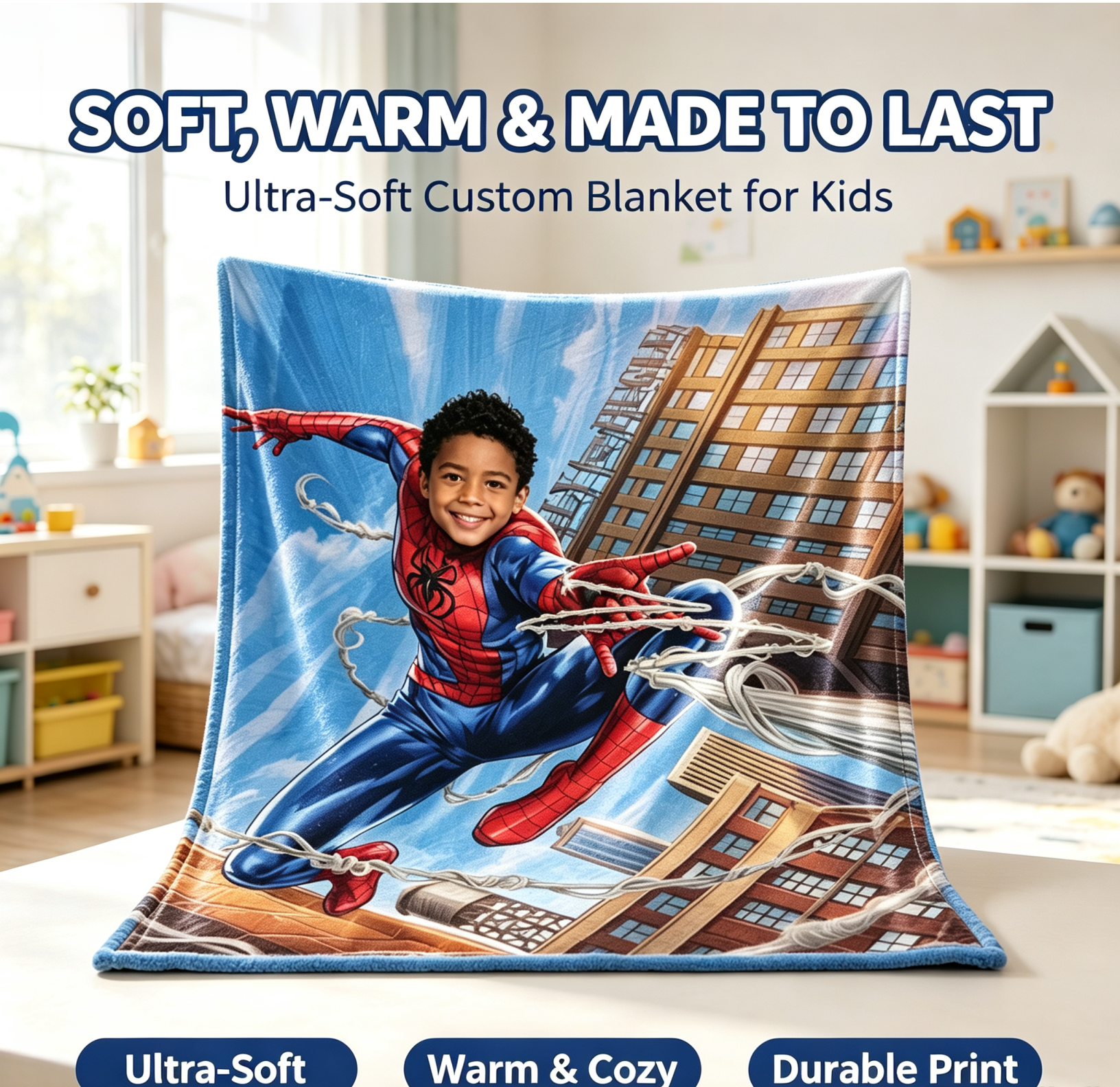Custom Photo Spider‑Man Blanket for Kids, Personalized Superhero Throw Blanket, Soft Warm Flannel Blanket, Customized Hero Themed Gift for Boys Birthday Christmas
