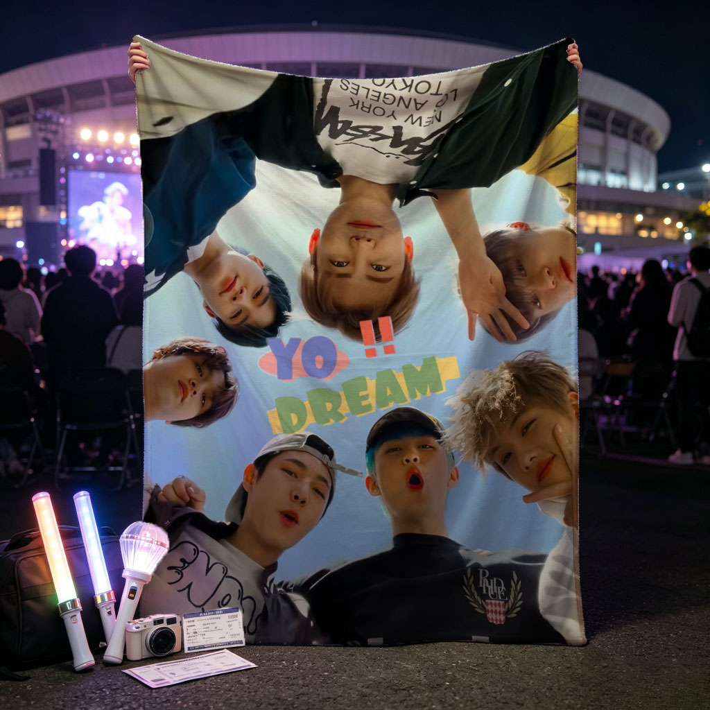 YOASOBI Dream Team Members in a Circular Pose Under Blue Sky - Blankets