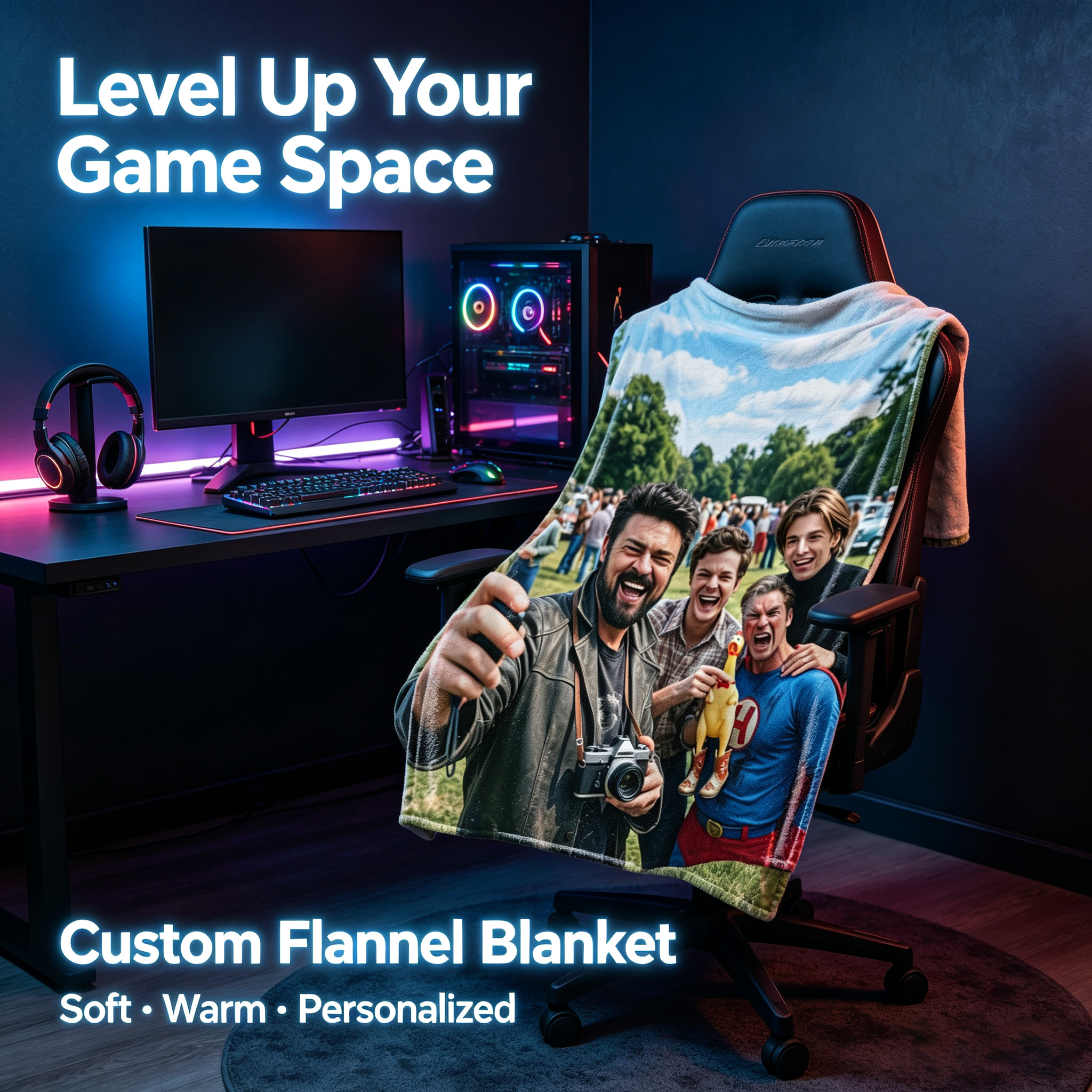 Custom Face Blanket Featuring Iconic Characters in Park Scene Flannel Blanket Perfect for Cozy Nights and Fun Gifts
