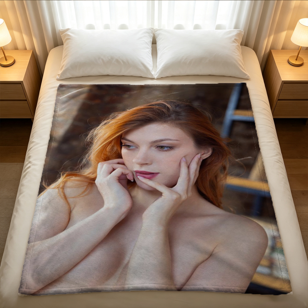 Asian beauty in black fishnet bodysuit and cropped cardigan on bed - Blanket