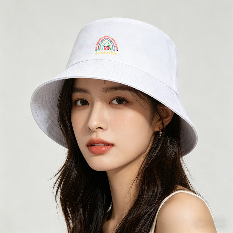 Unisex Bucket Hat with Rainbow Apple Print and #teacherlife Text – Classic Adjustable Sun Hat for Teachers, Outdoor Activities, and School Events – Perfect Gift for Educators and Teaching Professionals