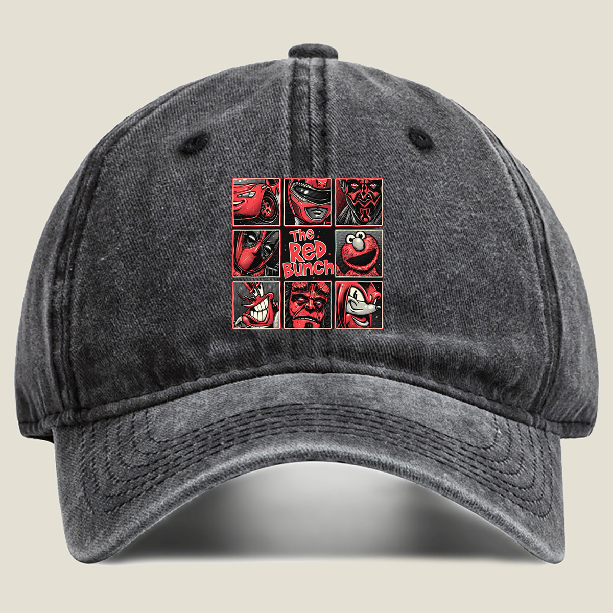 The Red Bunch: Lightning McQueen, Darth Maul, Deadpool, Elmo, Dr. Seuss's The Grinch, Hellboy, and Knuckles - Washed Denim - Baseball Cap