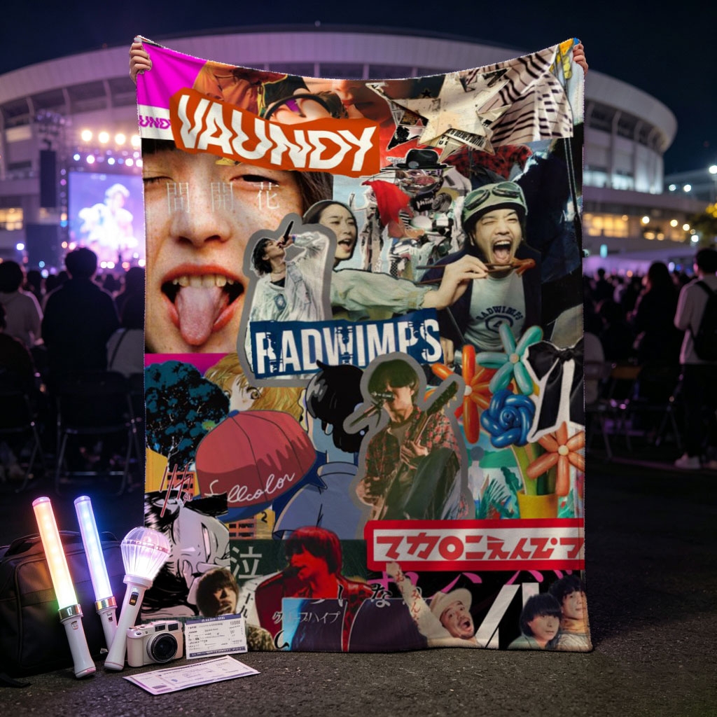 RADWIMPS Collage Featuring Band Members and Vibrant Pop Culture Imagery - Blankets