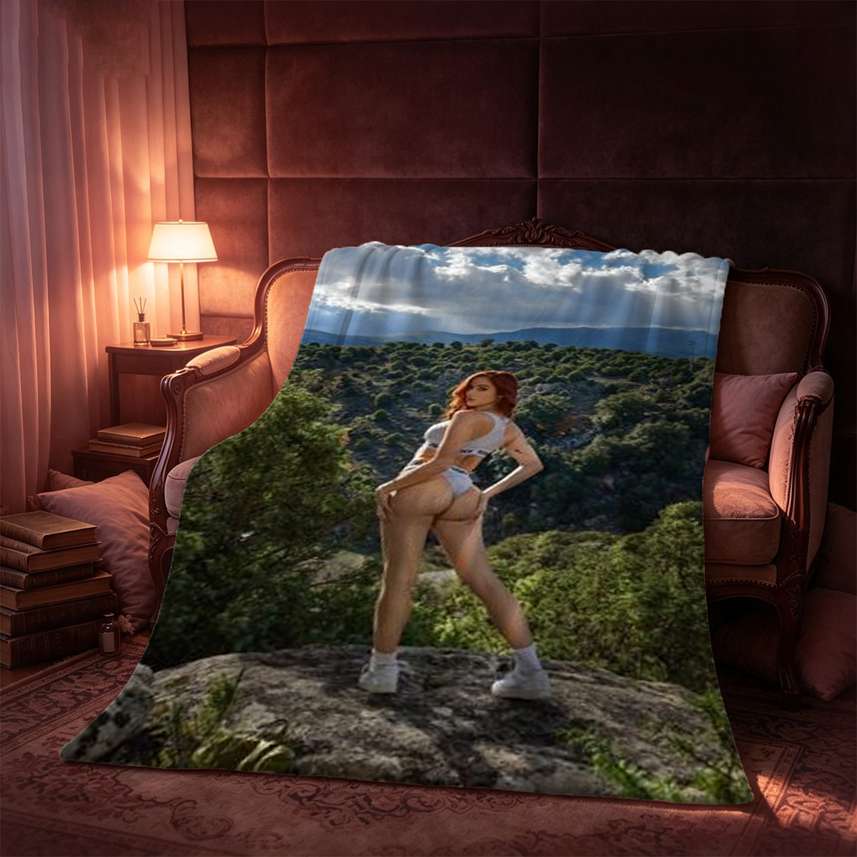 A woman in black bra and purple lace garter posing in a modern living room. - Blanket