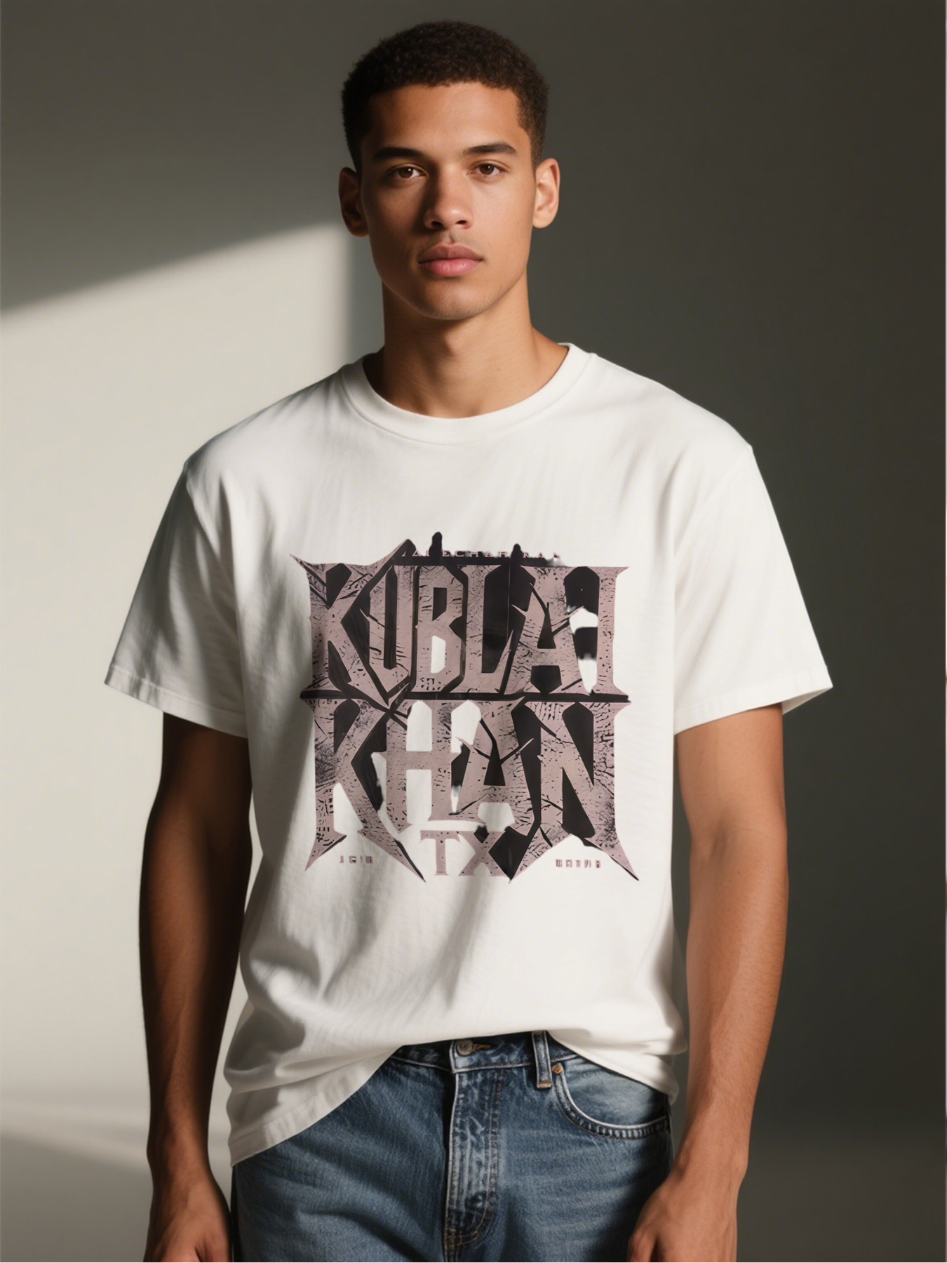 Men's Printed T-Shirt Kublai Khan TX Gothic Font Design Casual Round Neck Summer Lightweight Breathable Short Sleeve Tee for Streetwear Fashion Lovers and History Enthusiasts