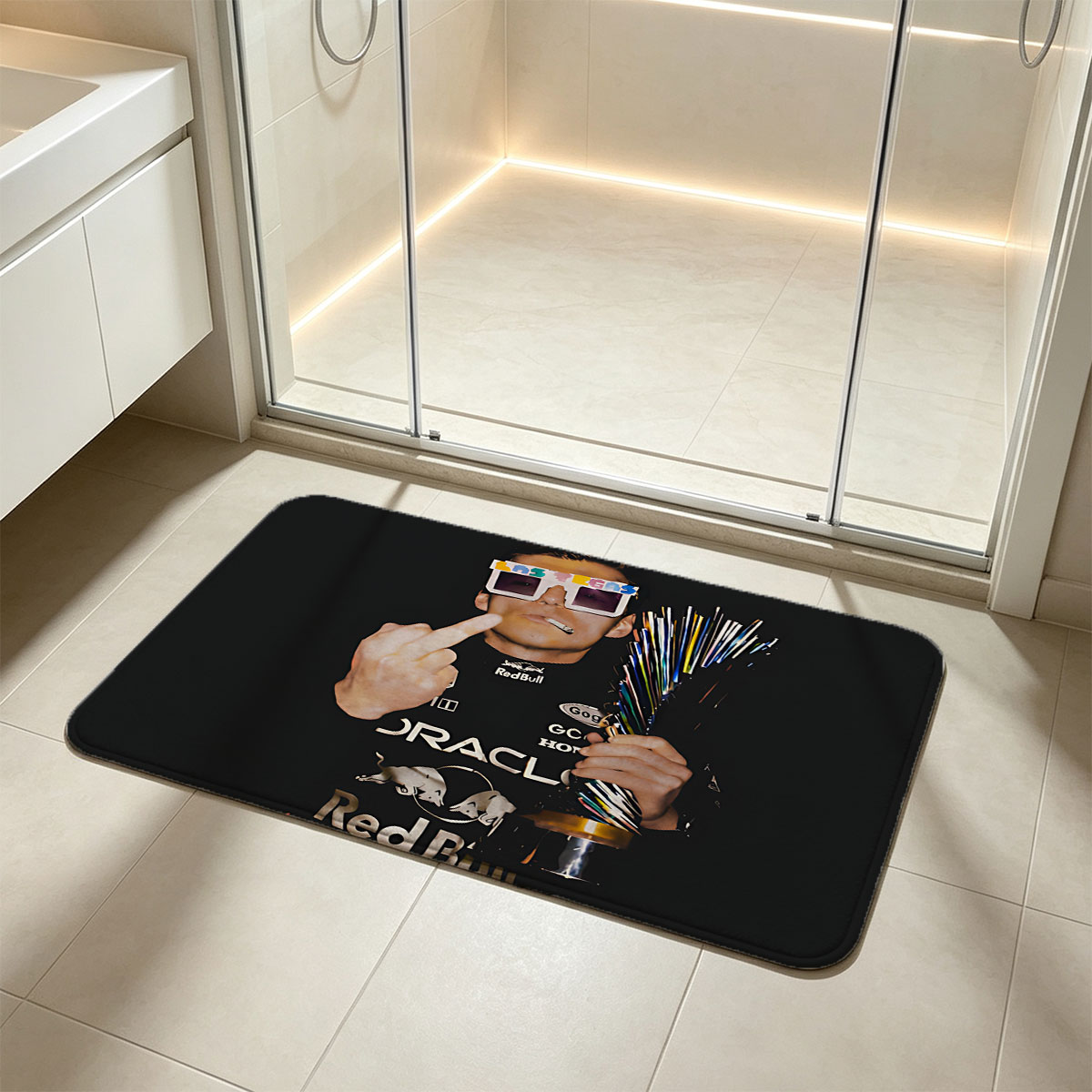 Max Verstappen in Red Bull Racing Gear with 3D Glasses and Cigar - Flannel floor mat