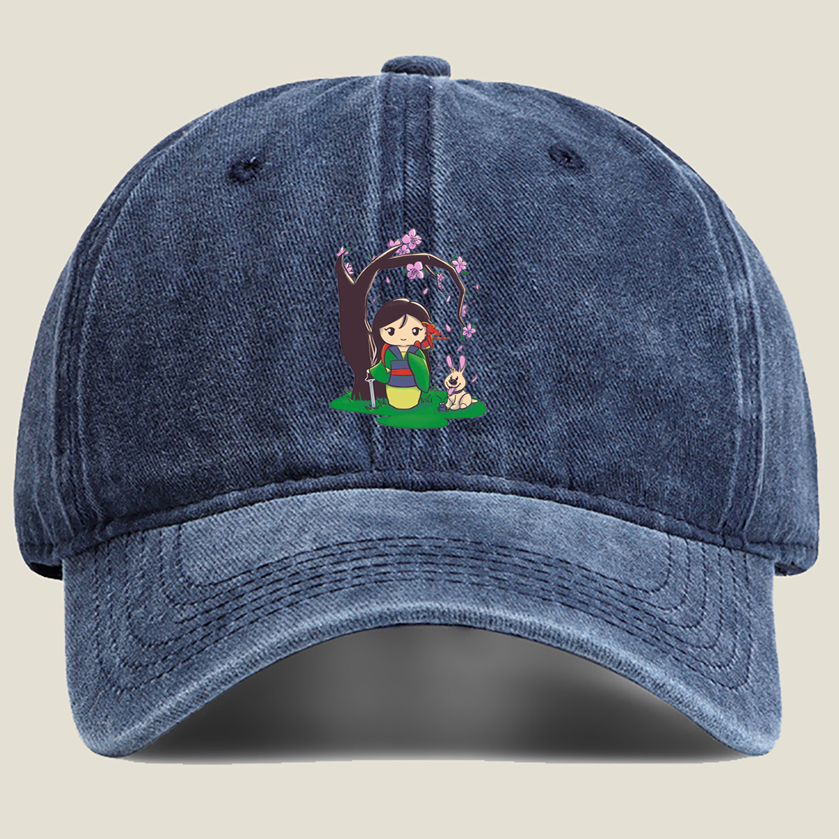 Mulan with Mushu and Cri-Kee Under Cherry Blossom Tree - Washed Denim - Baseball Cap