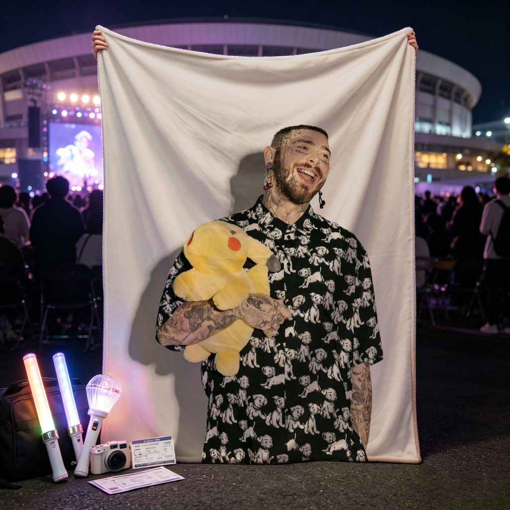 Post Malone Holding a Pikachu Plush Toy in a Patterned Shirt and Checkered Pants - Blankets