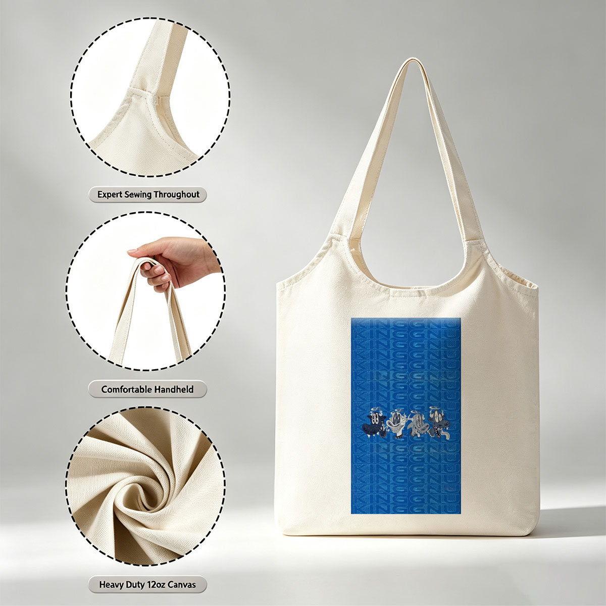 The Ren & Stimpy Show Characters on Blue Patterned Background - Canvas shoulder bags/