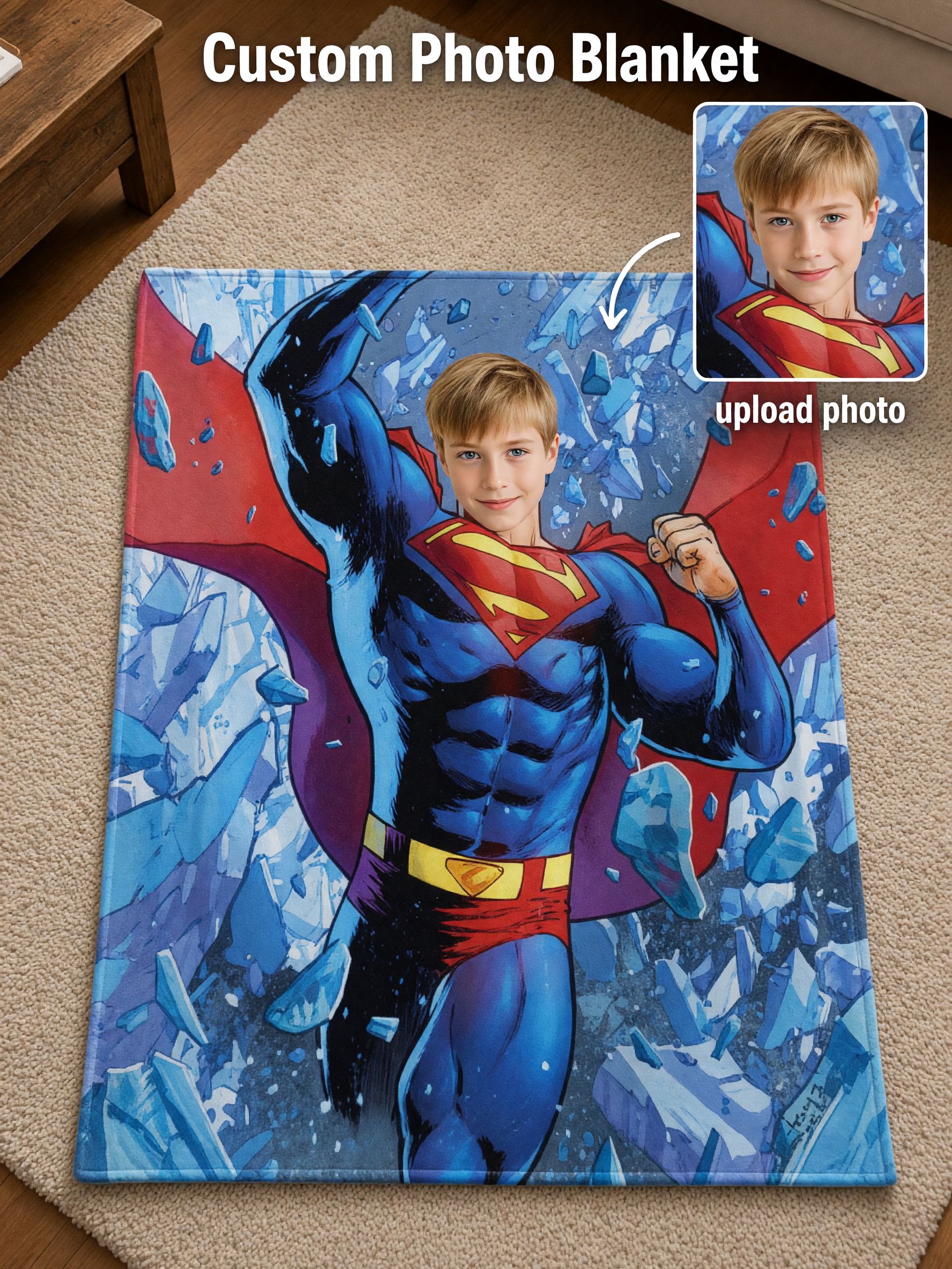 Custom Photo Superhero Blanket Personalized Face Upload Flannel Fleece Throw Soft Anti Pilling Bed Couch Wrap Unique