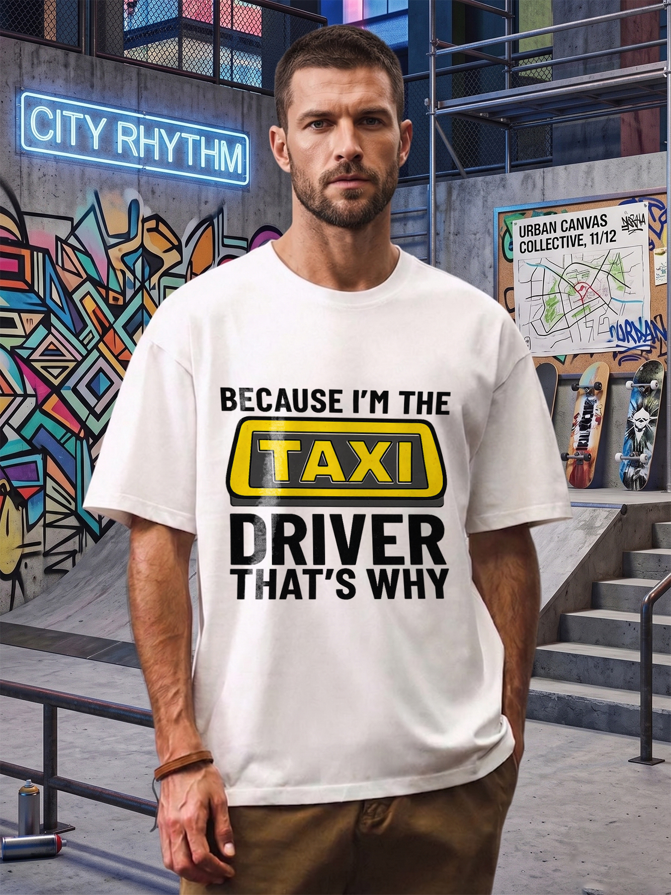 Men's Printed T-Shirt with Taxi Sign and 