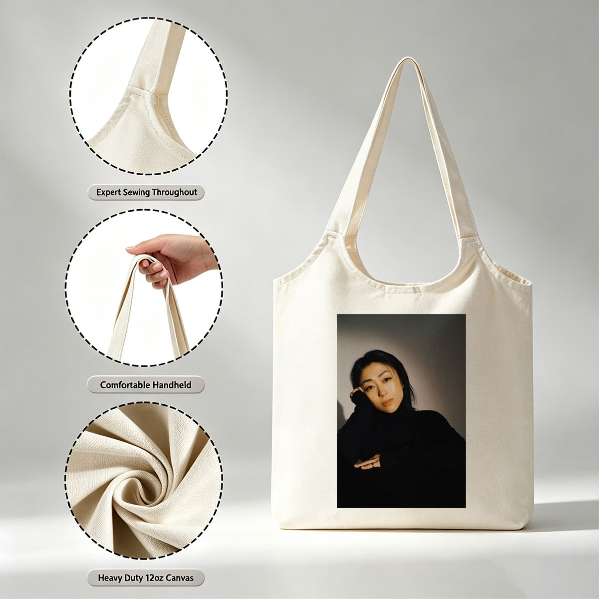 Yoko Kanno in a Moody Portrait Wearing Black Turtleneck with Dramatic Lighting - Canvas shoulder bags/