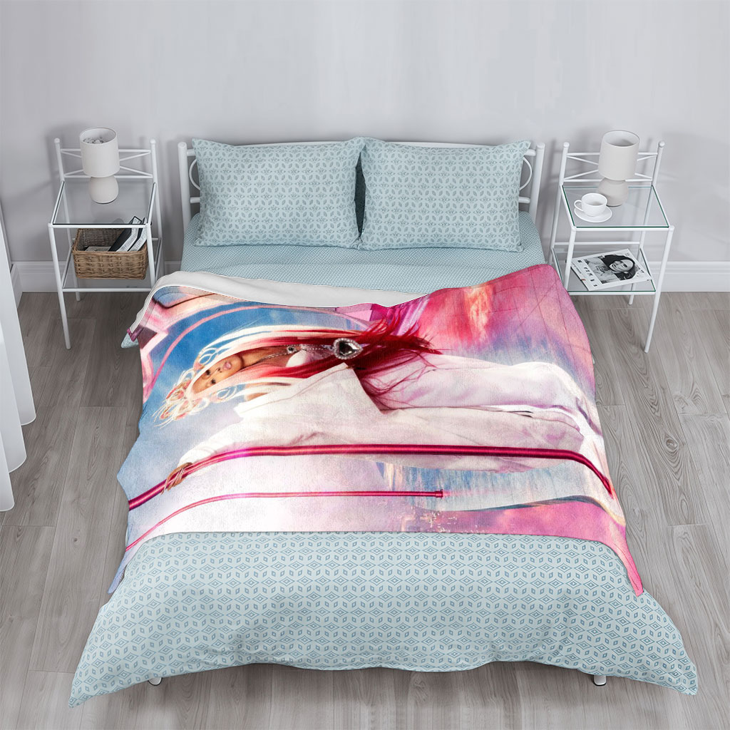 Nicki Minaj in a Pink Fantasy Scene with Futuristic Bus and Clouds - Blankets