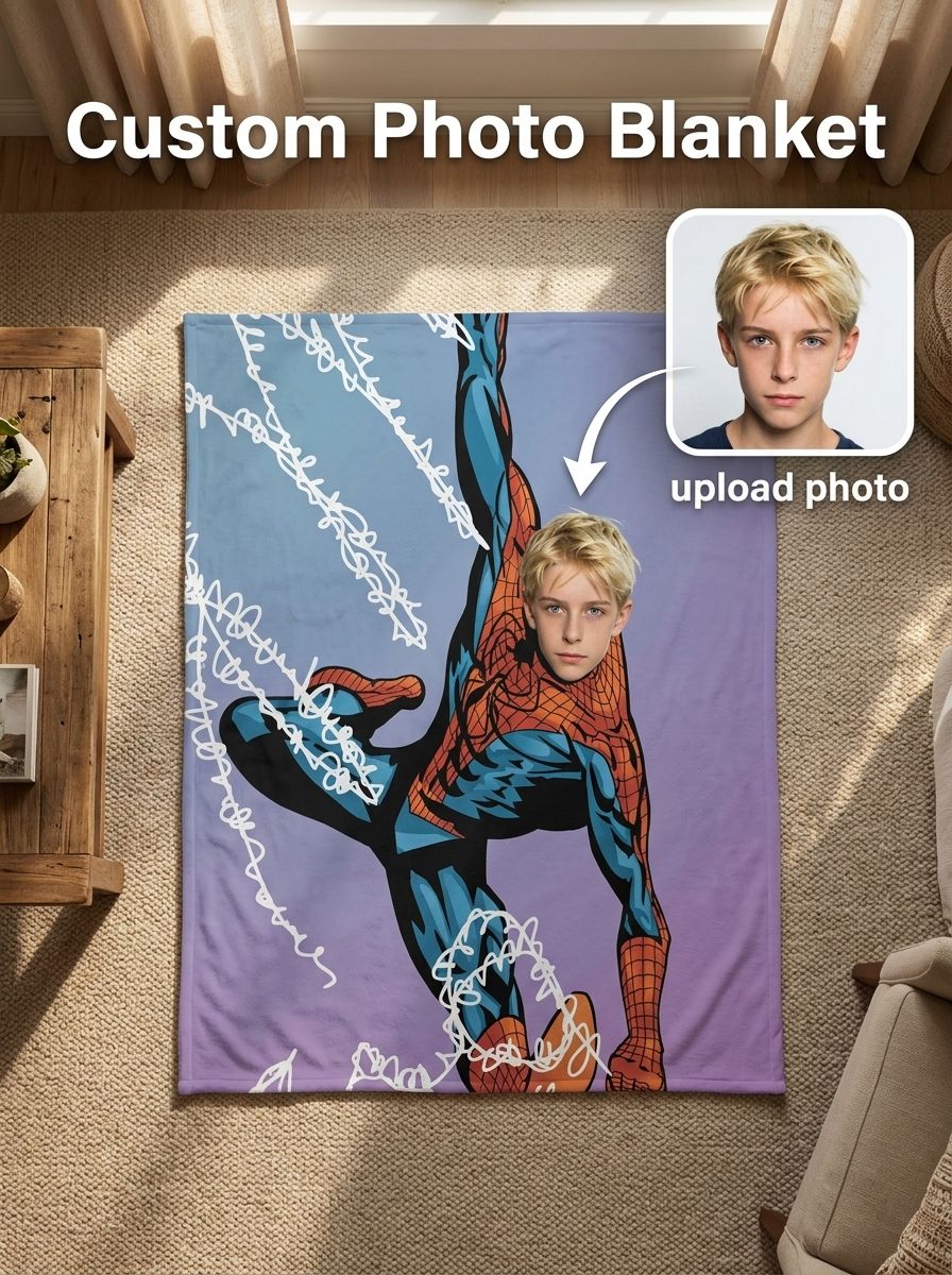 Custom Face Superhero Flannel Blanket Personalized Photo Cozy Soft Fleece Throw for Kids and Adults Gift