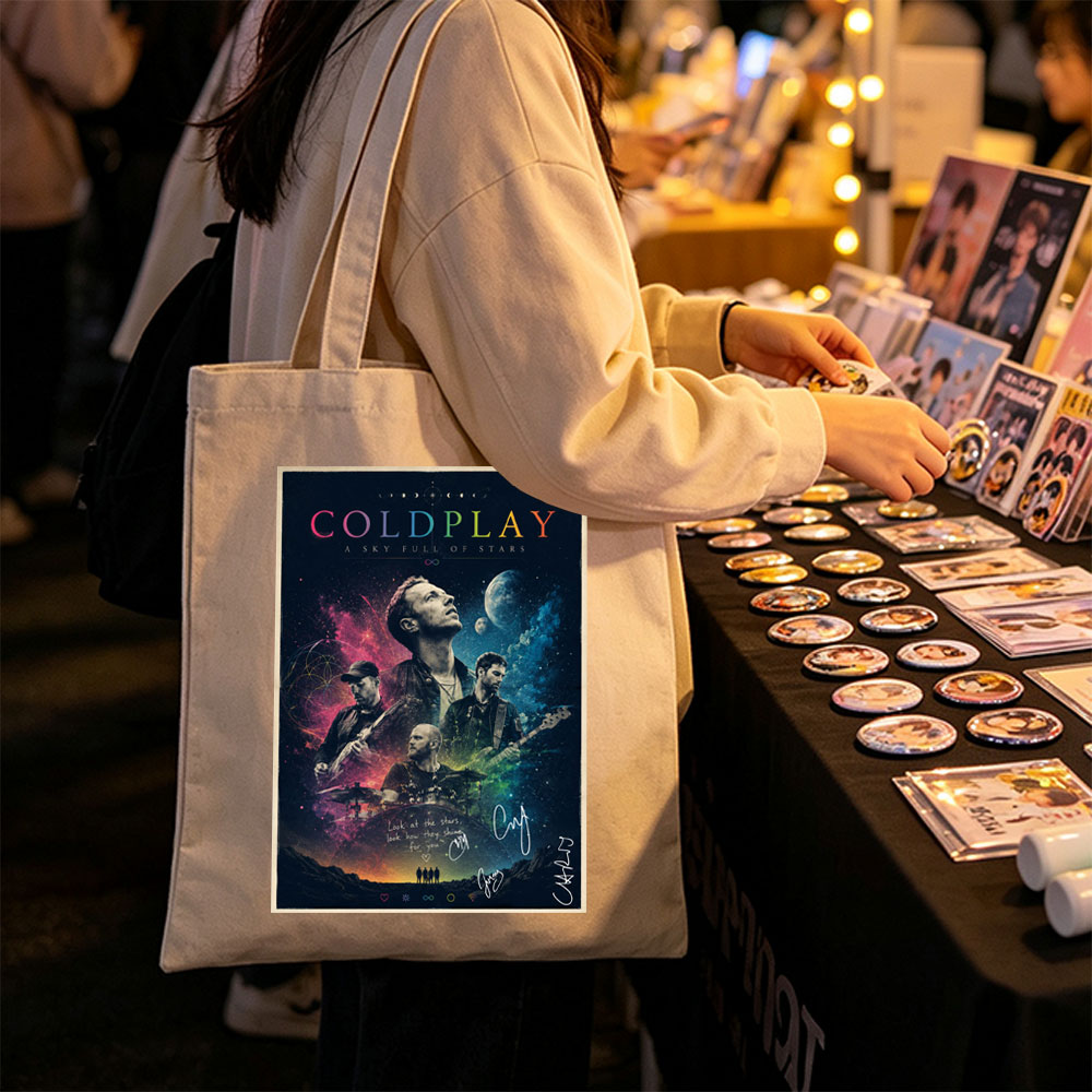 Coldplay Band in Cosmic Scene with Stars and Planets Background Poster - Canvas tote bags