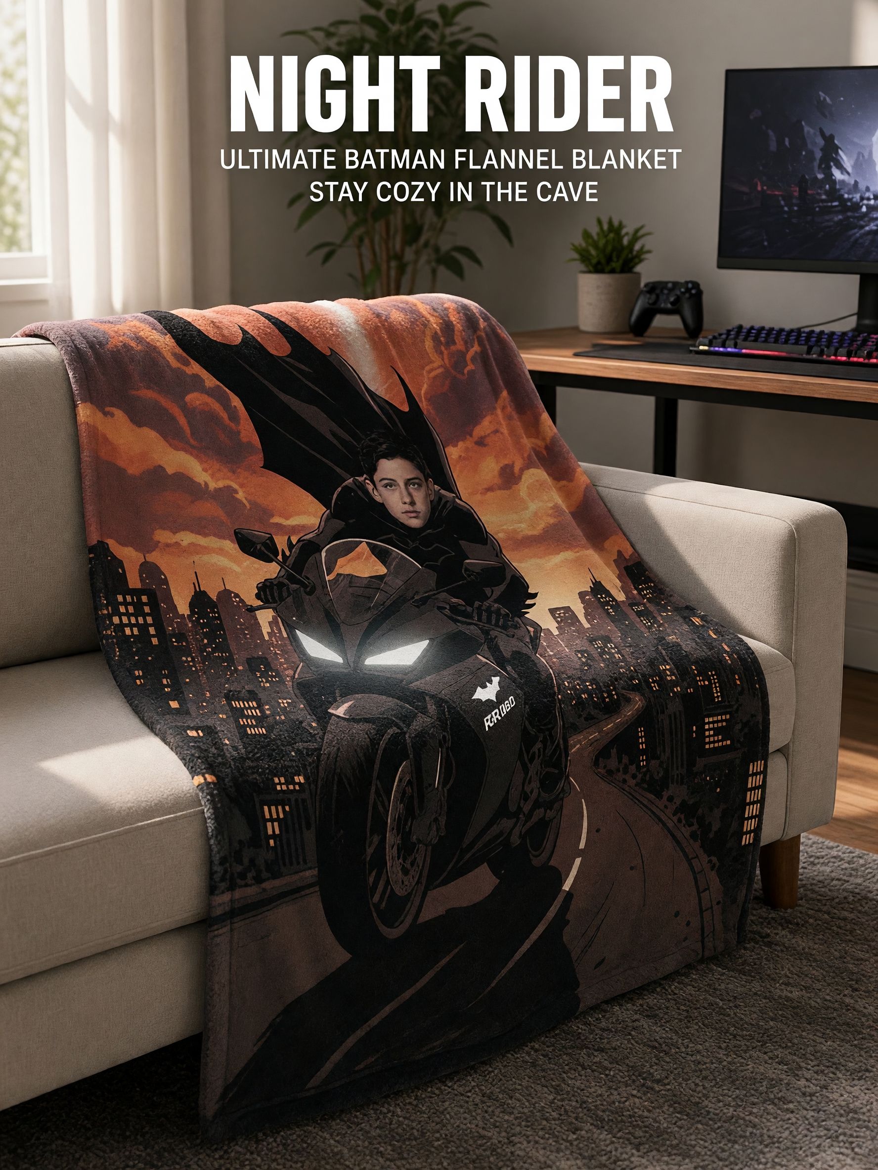 Custom Photo Face Superhero Motorcycle Flannel Blanket, Personalized Soft Plush Throw for Bed Couch and Travel Gift