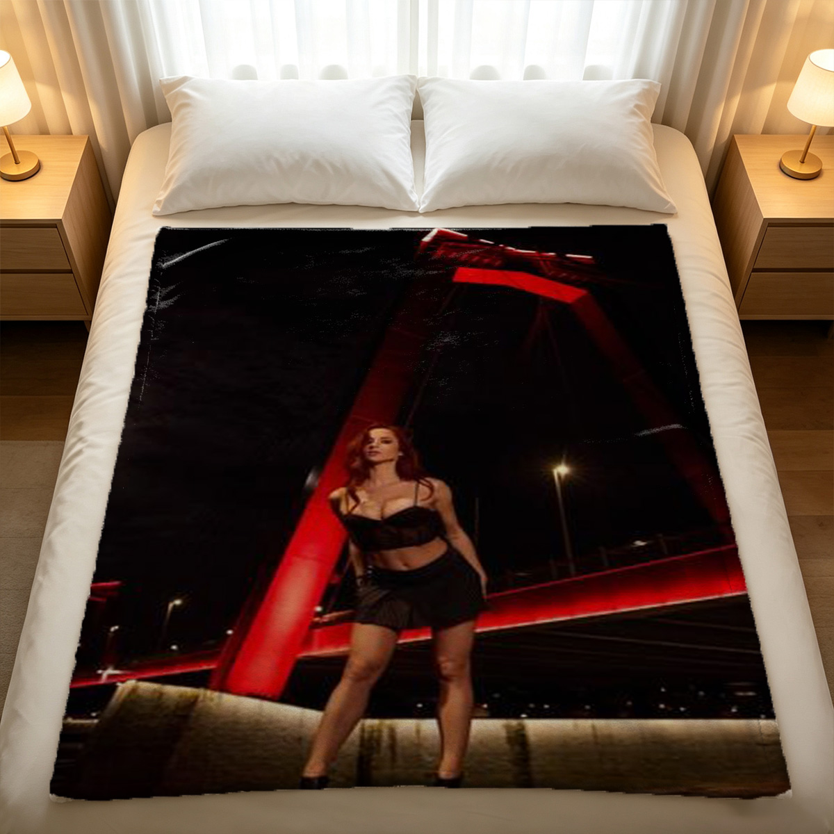 Two Asian women in red bondage harness and fishnet stockings posing seductively on the floor. - Blanket
