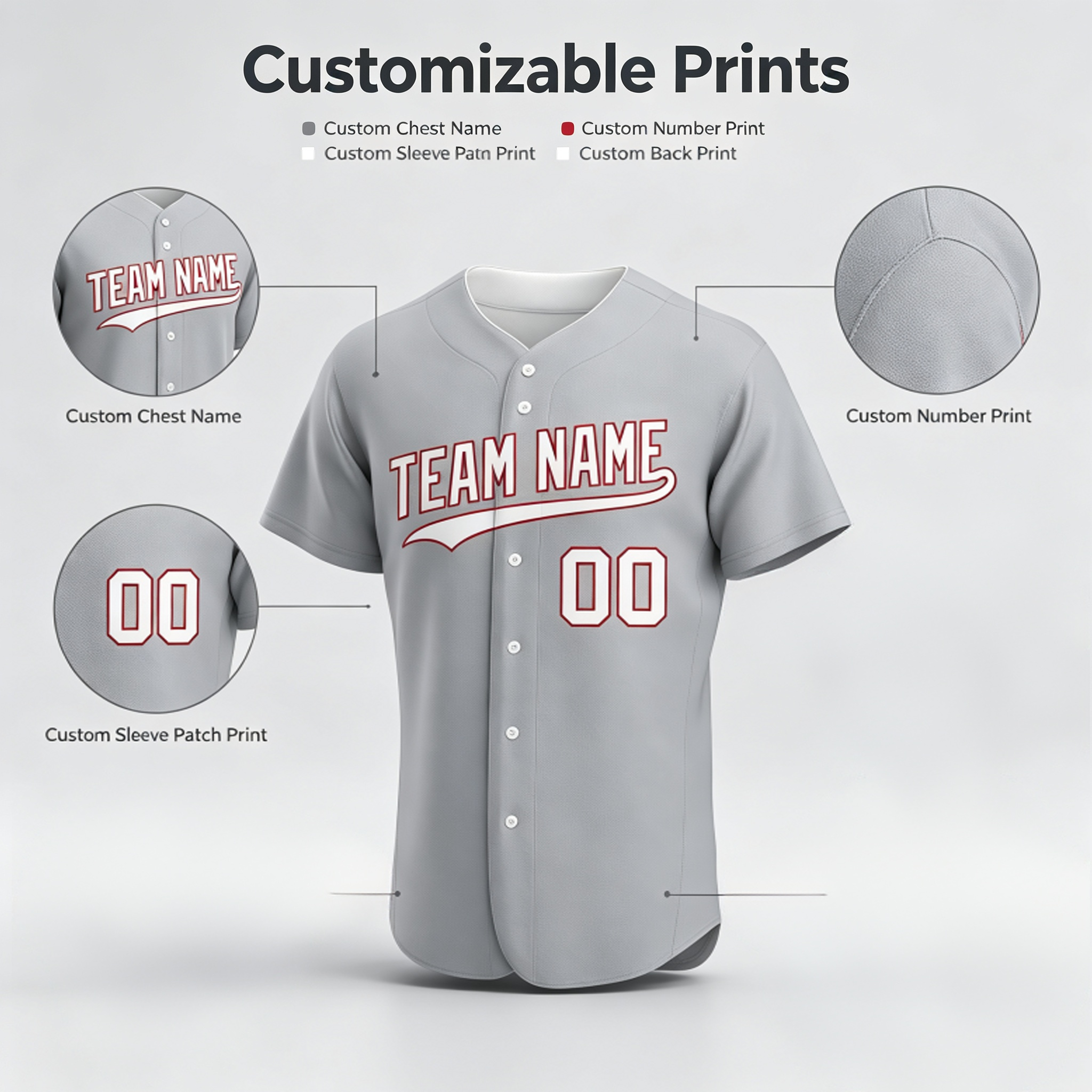Custom Printed Detroit Script Style Baseball Jersey Gray Navy Piping Button Down Shirt for Men and Women
