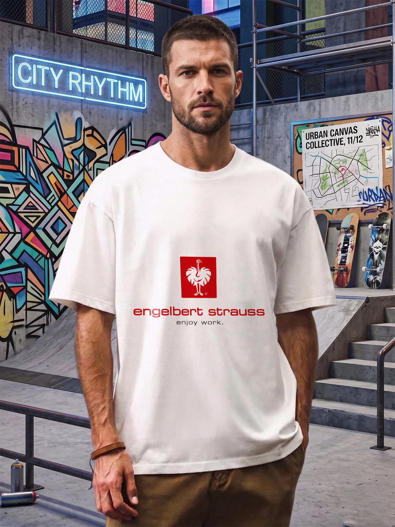 Men's Printed T-Shirt with Engelbert Strauss Ostrich Logo and 