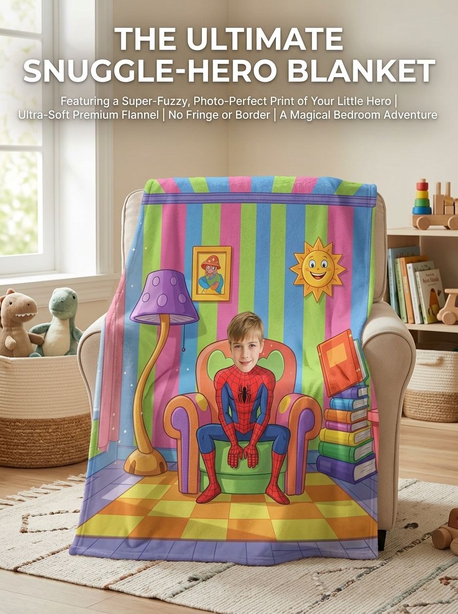 Custom Face Photo Superhero Flannel Fleece Blanket, Personalized Cozy Throw Gift for Kids Bedroom and Couch