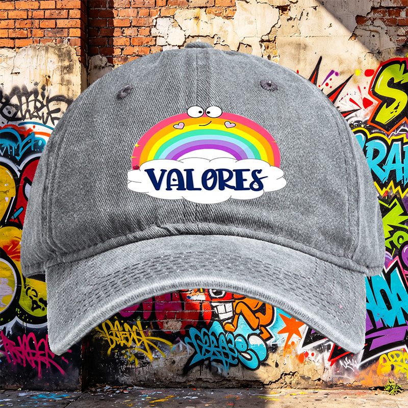 Unisex Classic Washed Cap with Rainbow and Valores Print - Casual Streetwear Hat for Outdoor Activities, Perfect for Youth and Adults Seeking Fun, Colorful Style