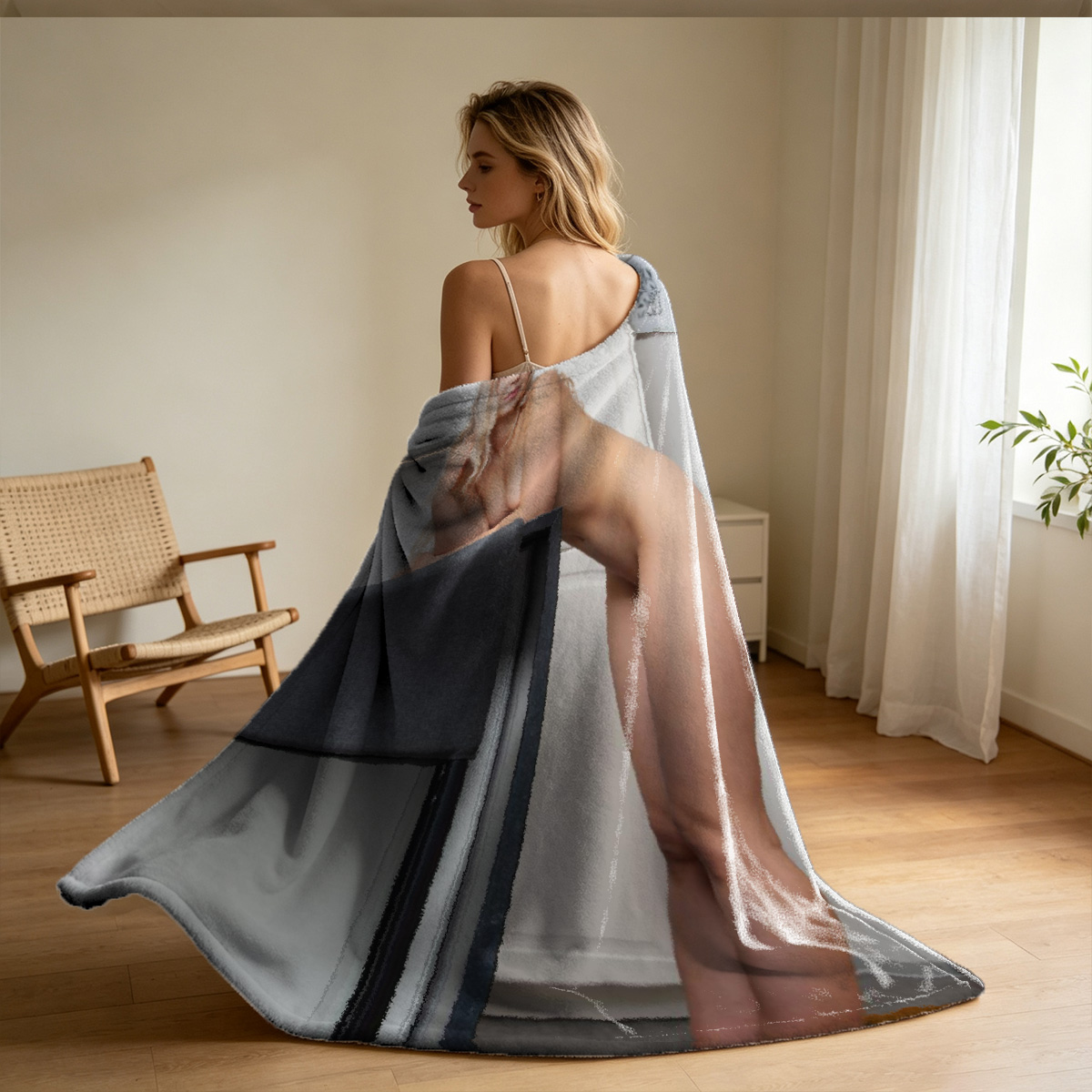 Nude Asian beauty posing elegantly in luxury interior. - Blanket