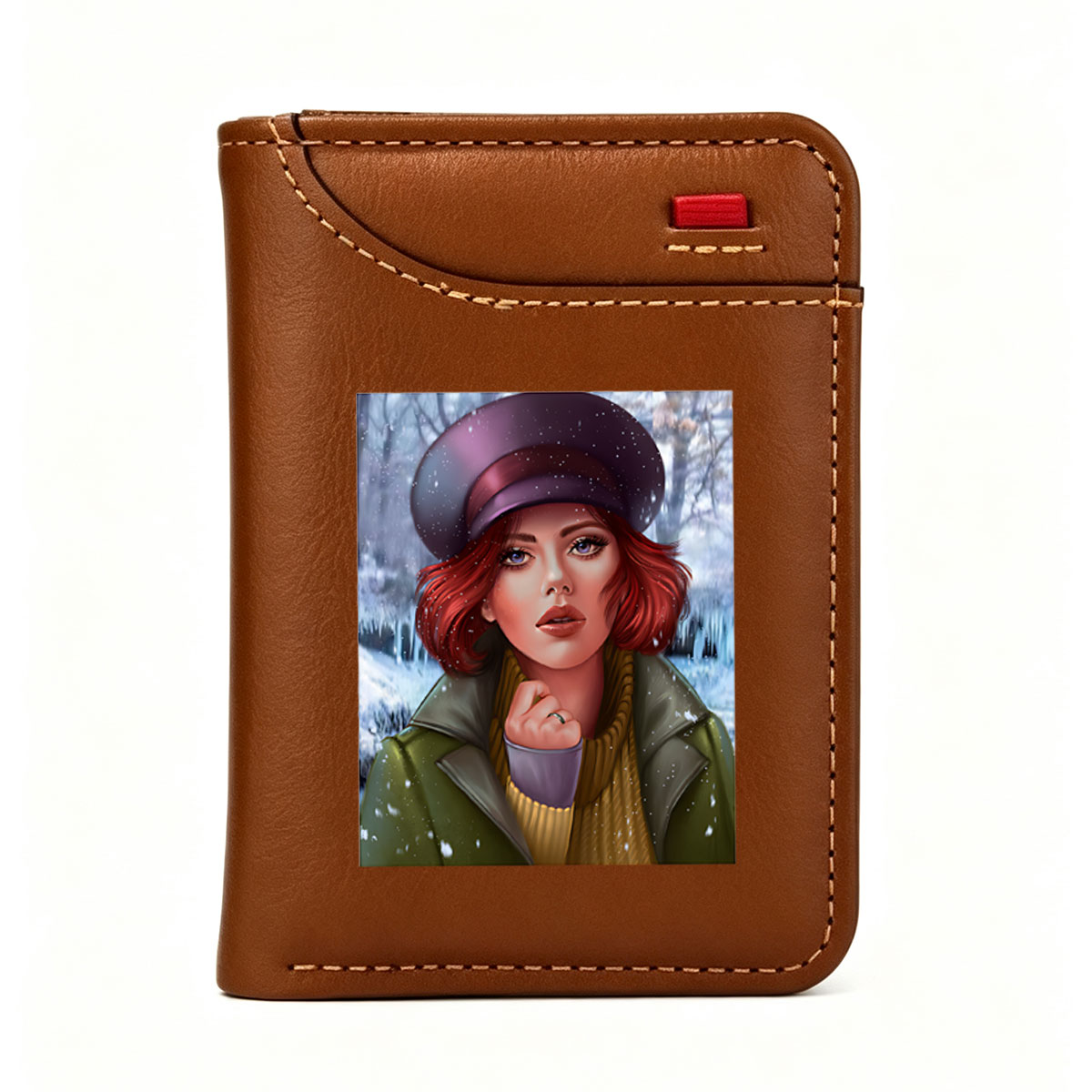 Red-Haired Woman in Winter Hat and Coat, Snowy Forest Background - Vertical Style Wallet
