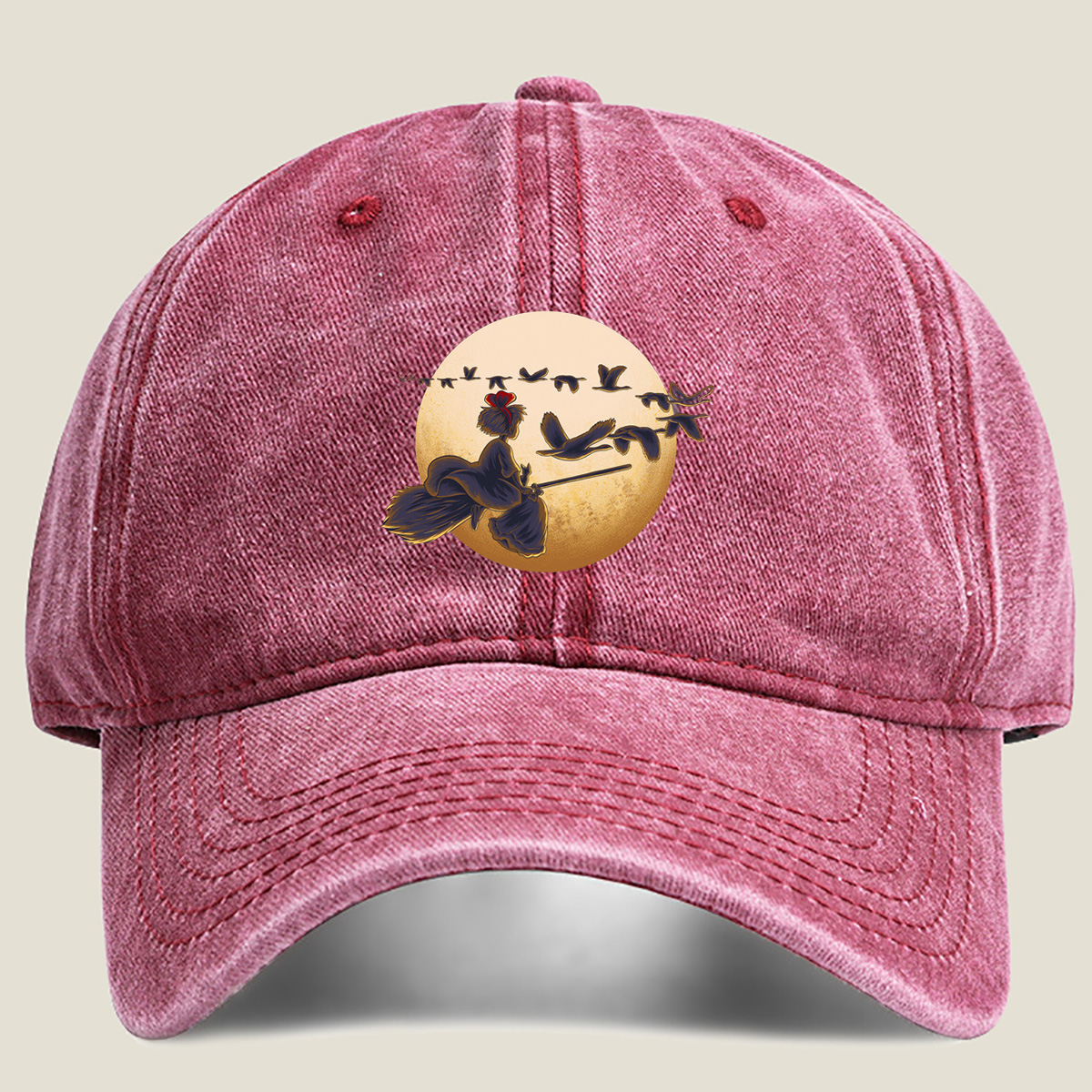 Mulan Flying on a Broomstick with Geese Against the Moon - Washed Denim - Baseball Cap