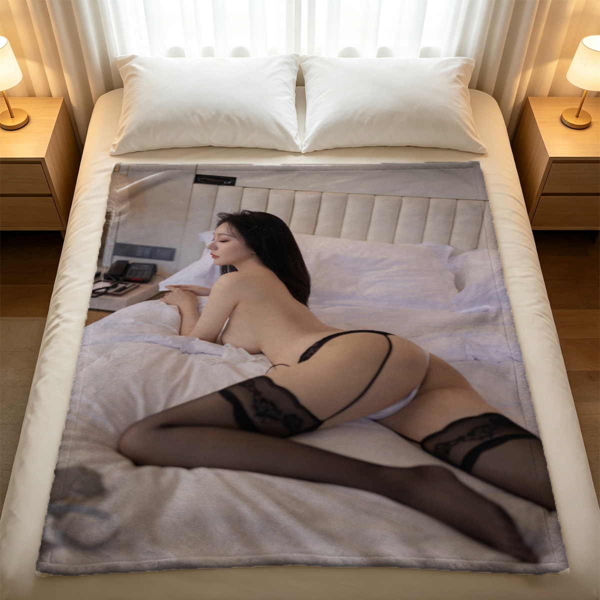 Rina Serizawa in Light Blue Lingerie on Bed - Blanket