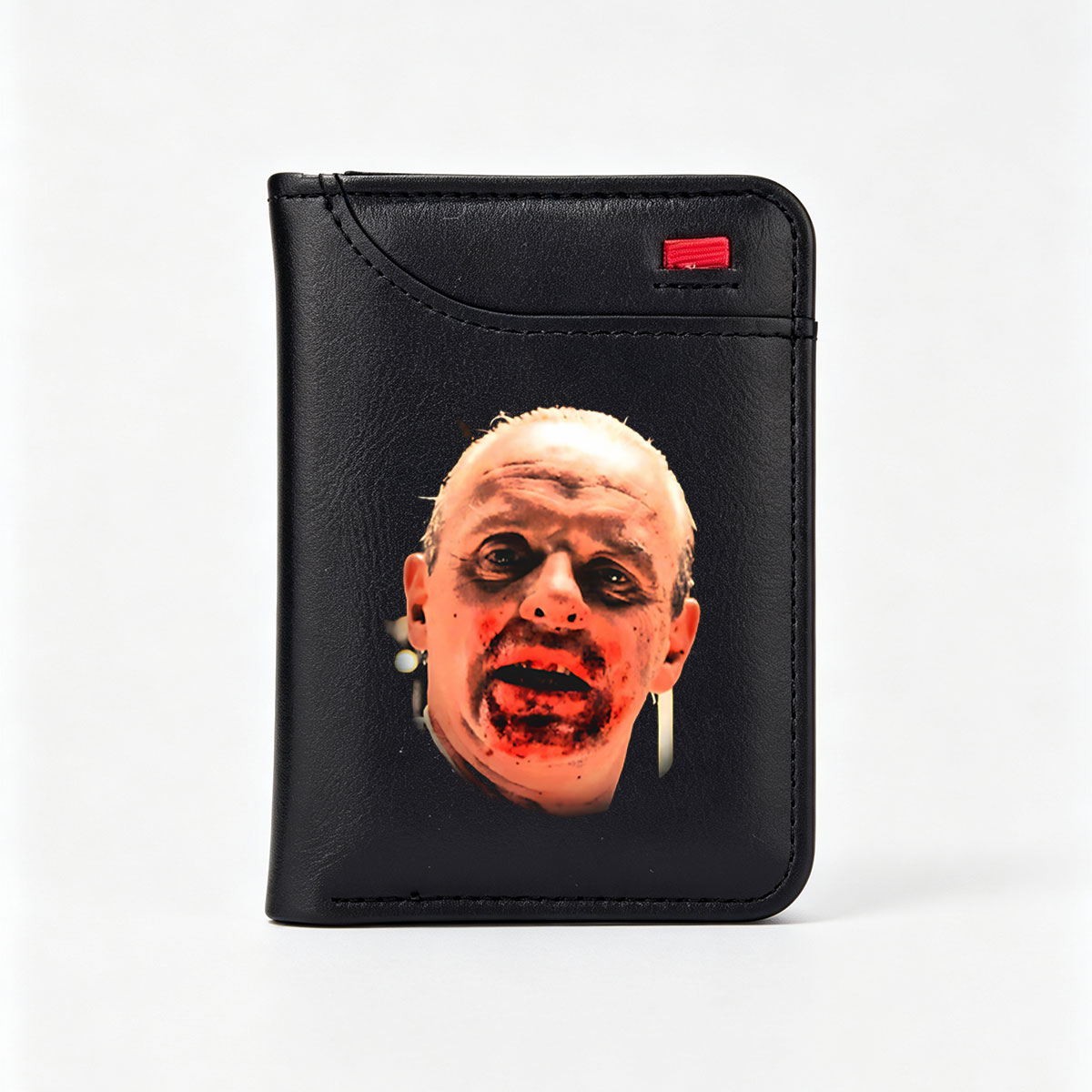 Zombie Makeup Close-Up: Intense Horror Character with Bloodied Face and Dark Eyes - Vertical Style Wallet