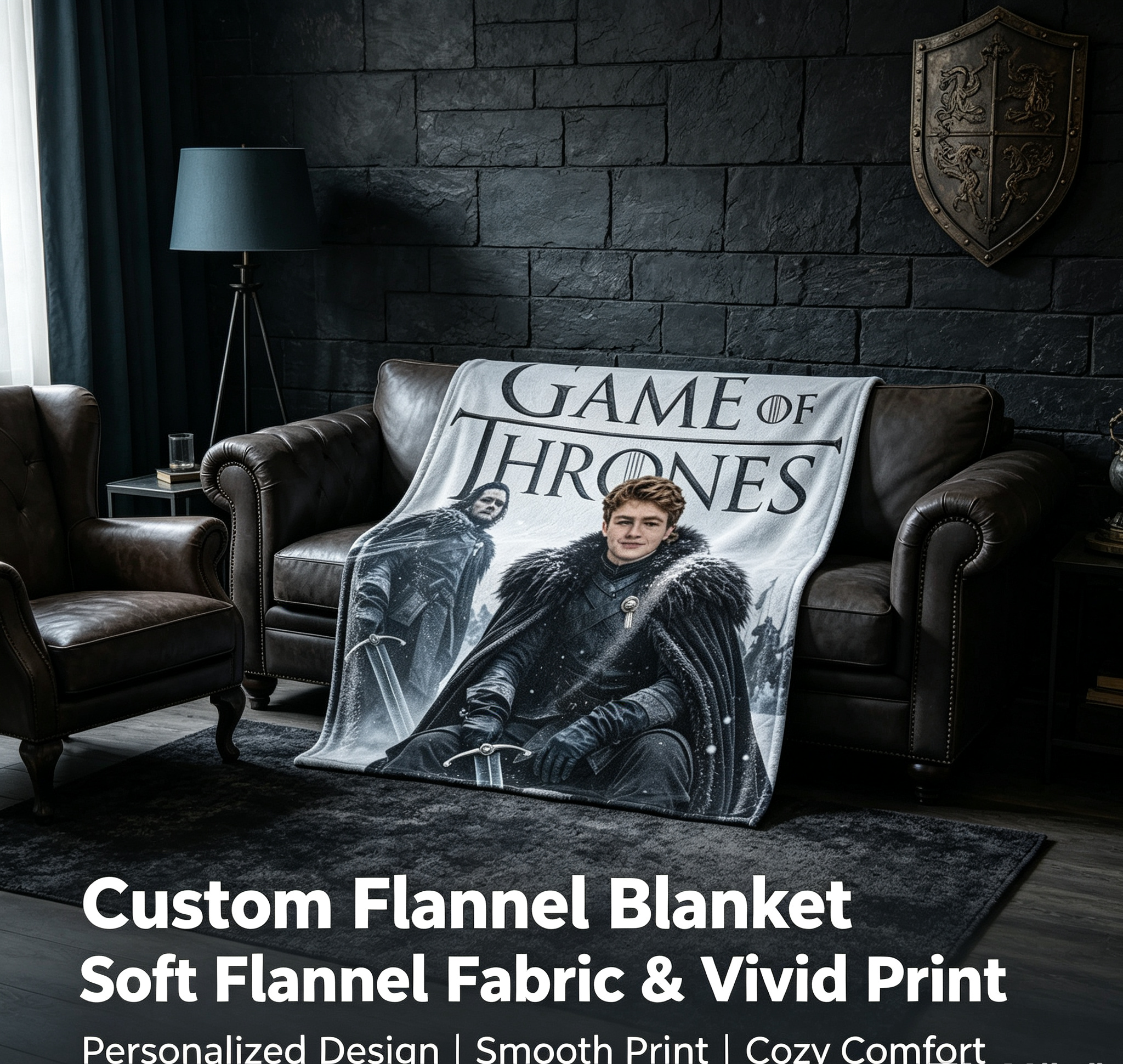 Custom Face Blanket Game of Thrones Flannel Blanket Winterfell Theme Cozy Bedding Gift for Fans