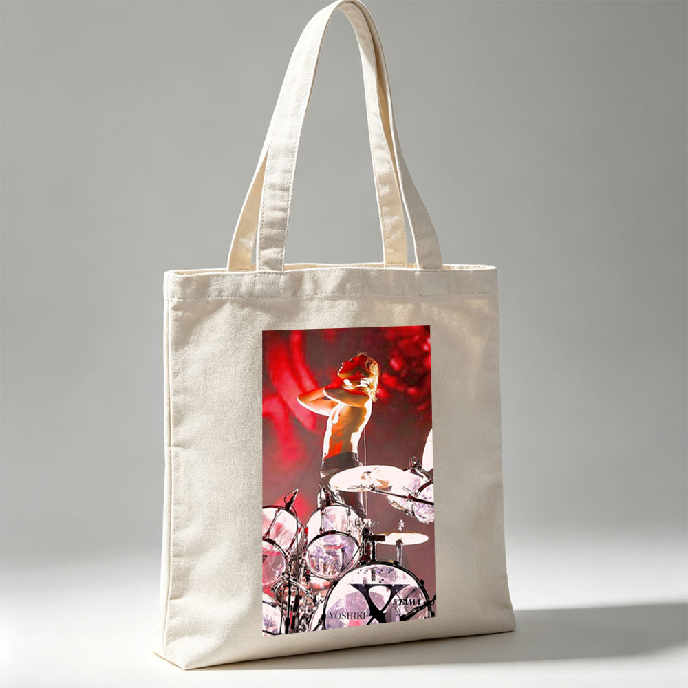 Yoshiki of X Japan on Stage Performing with Drum Set in Intense Red Lighting - Canvas tote bags