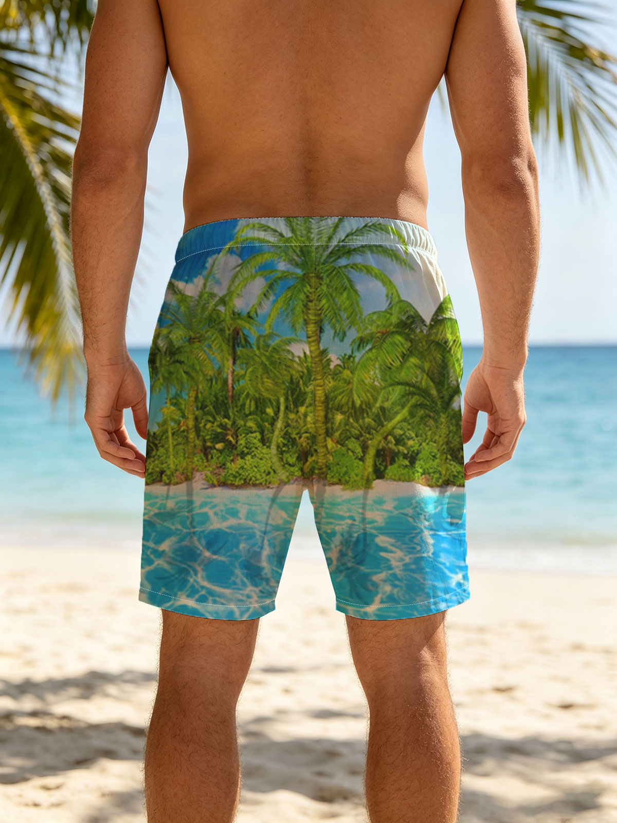 Tropical Paradise with Palm Trees and Crystal Clear Water -  Beach shorts