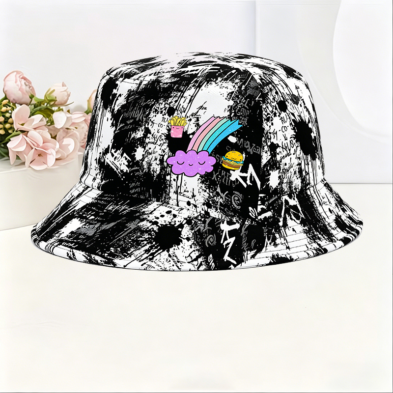Unisex Classic Graffiti Bucket Hat with Cute Rainbow Cloud, Fries and Burger Print | Perfect for Casual Outings, Streetwear, and Daily Wear | Ideal for Teens and Young Adults Loving Fun Pop Art Style