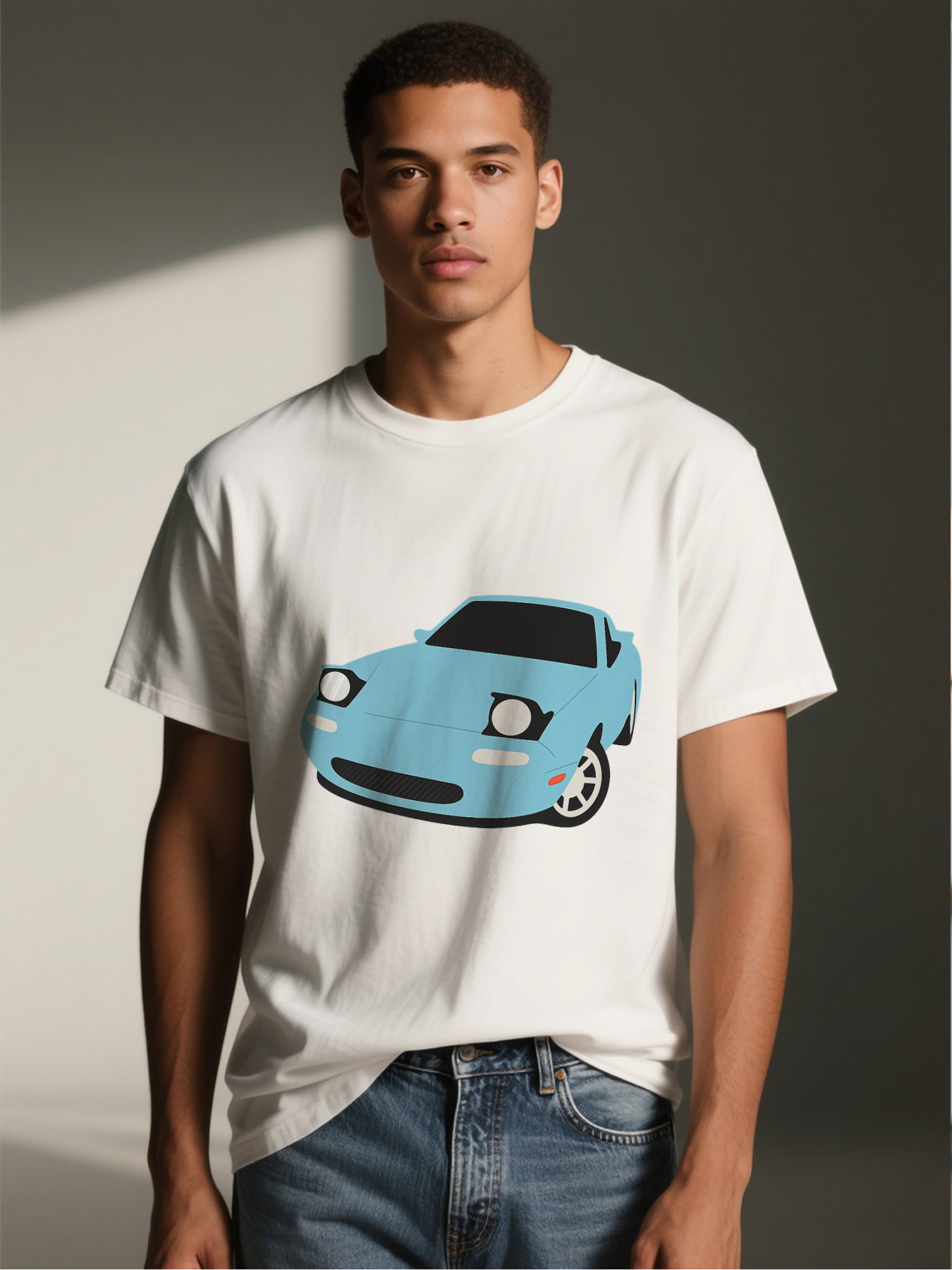 Men's Printed T-Shirt with Blue Sports Car Graphic Design Casual Round Neck Lightweight Breathable Summer Short Sleeve T-Shirt for Car Enthusiasts and Automotive Fans