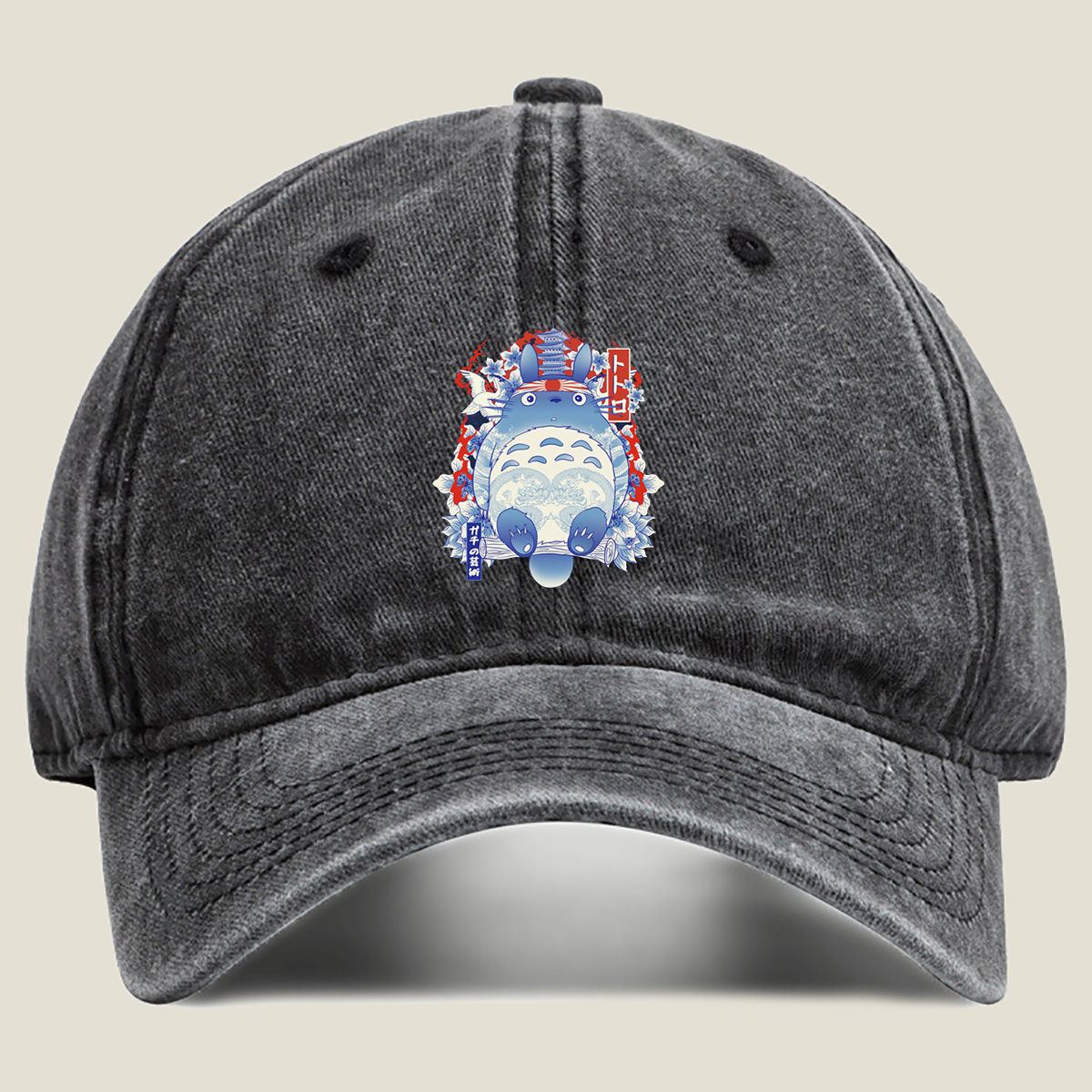 Totoro in Traditional Japanese Art Style - Washed Denim - Baseball Cap