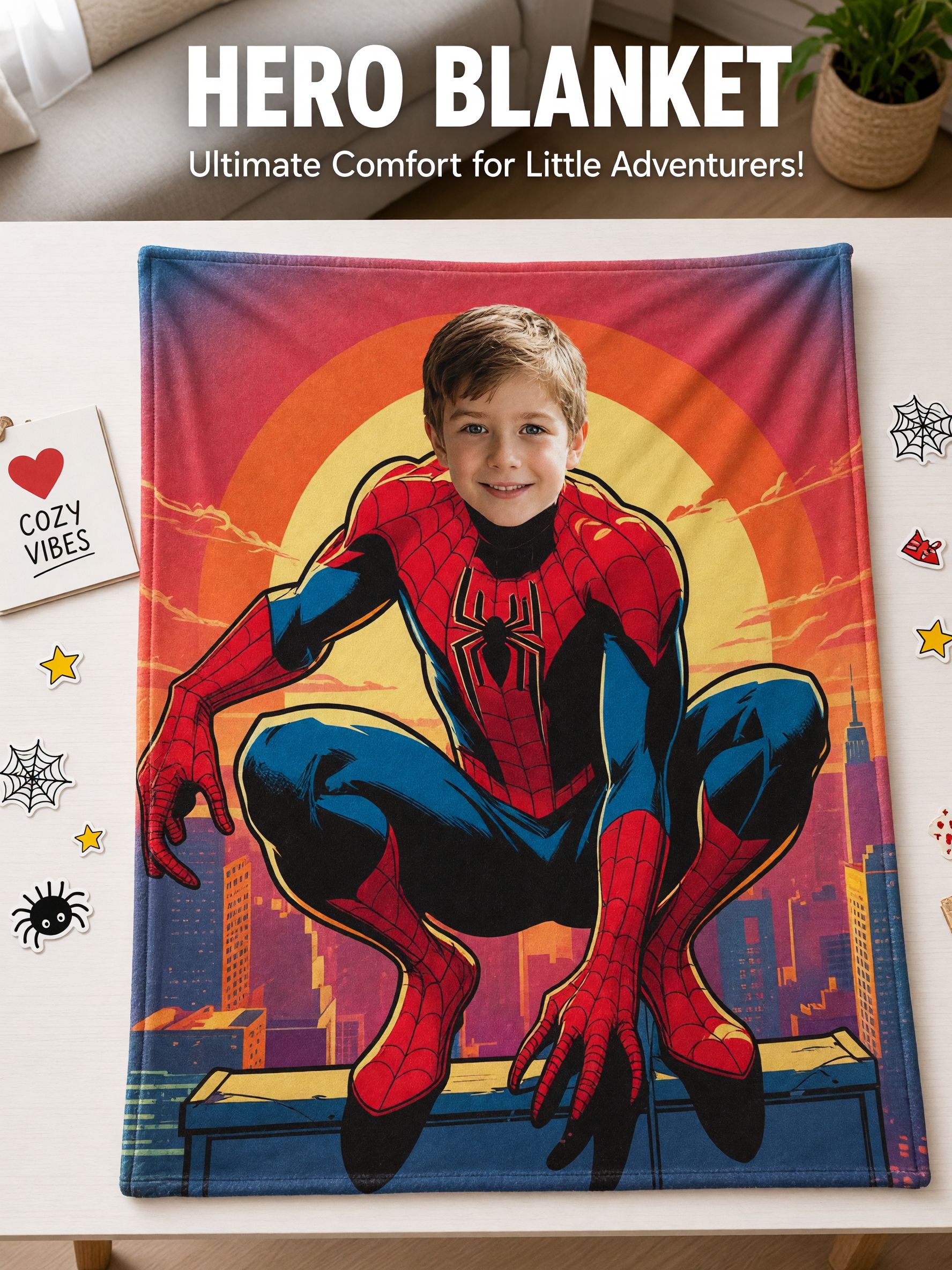 Custom Face Superhero Flannel Fleece Blanket Personalized Photo Throw for Kids Adults Cozy Home Couch Bed Gift