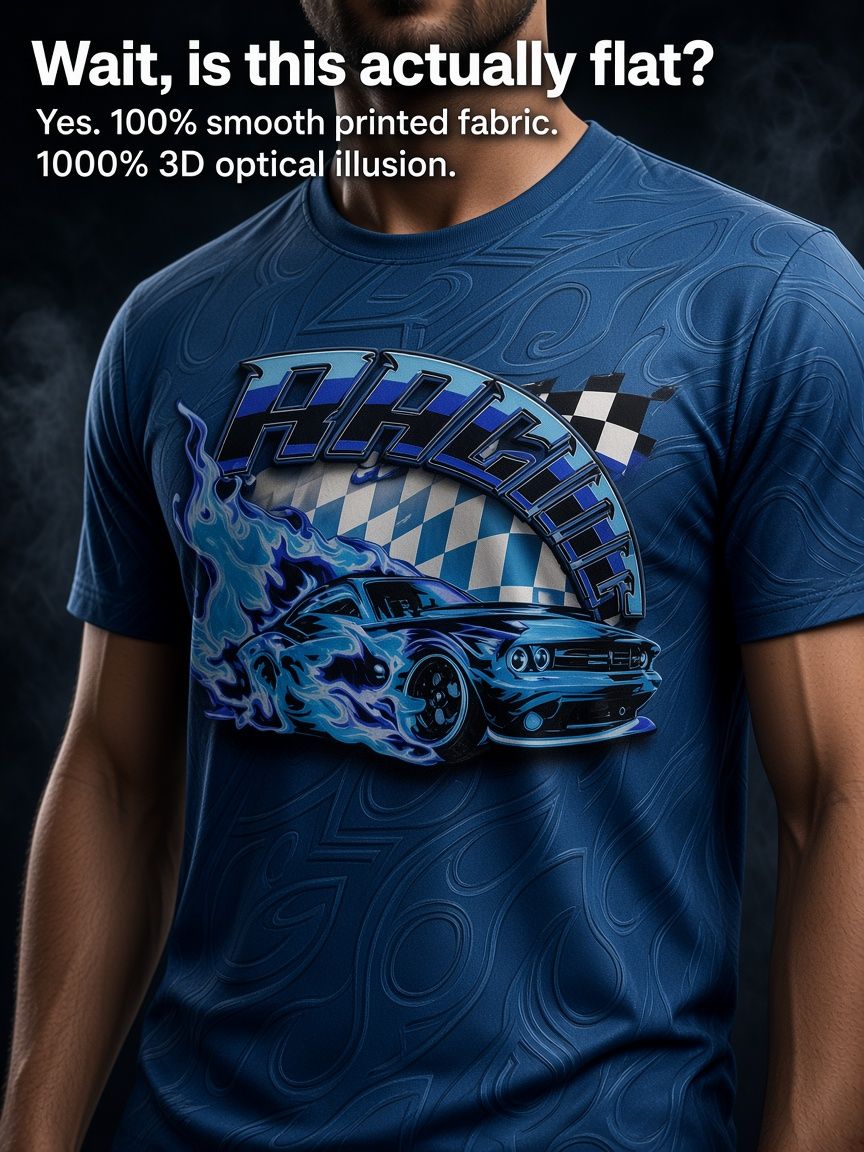 Blue Flame Racing Car 3D Optical Illusion Graphic Tee Breathable Athletic Mesh T-Shirt Casual Sports Wear