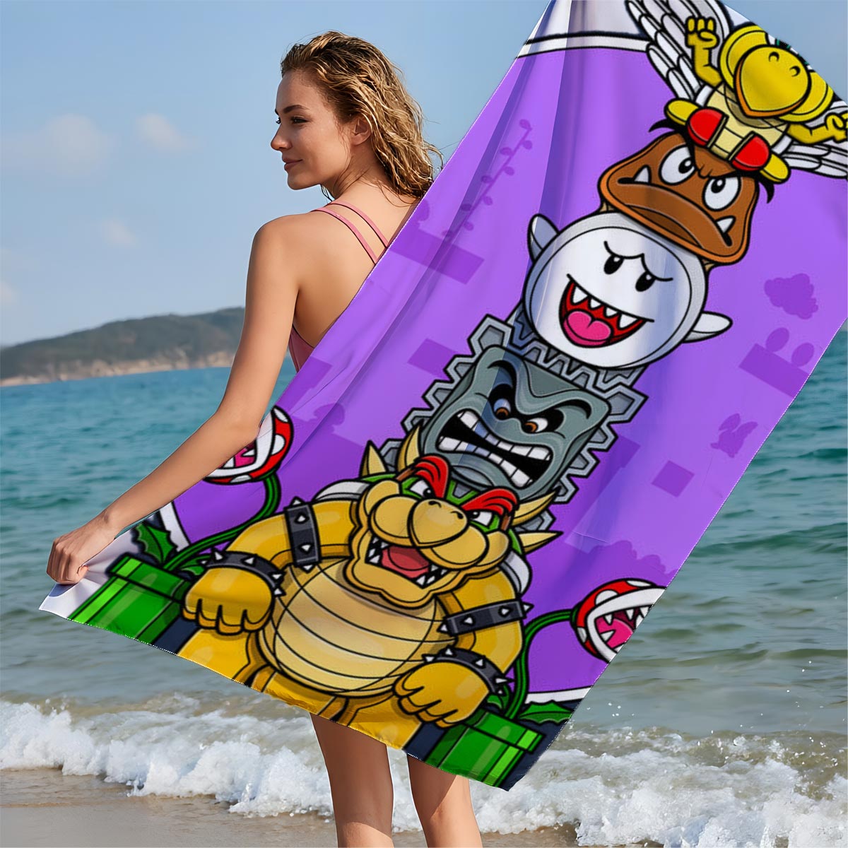 Bowser, Koopa Troopa, Dry Bones, and Winged Yoshi Stack in Super Mario Universe - Beach towels
