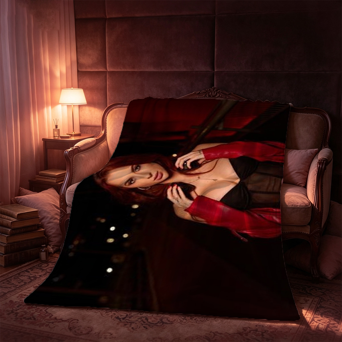 A young woman in a floral one-piece swimsuit kneeling on a purple velvet couch holding a camera. - Blanket