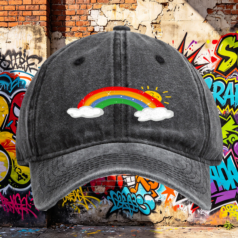 Unisex Classic Washed Cap with Rainbow and Sun Print | Casual Outdoor Hat for Adults and Teens | Perfect for Daily Wear, Travel, and Beach Activities