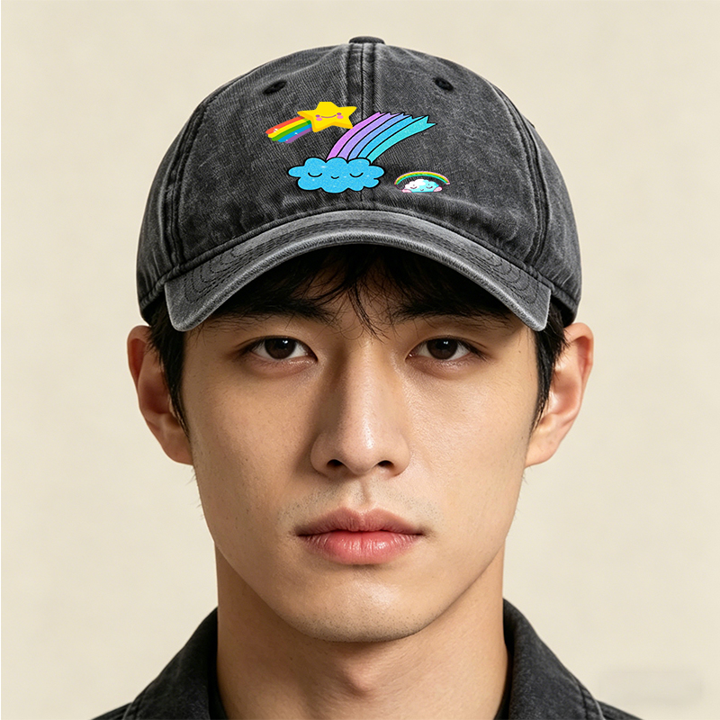Unisex Classic Washed Cap with Rainbow Star Cloud Print | Casual Outdoor Hat for Youth and Adults | Perfect for Daily Wear, Travel, and Fun Activities