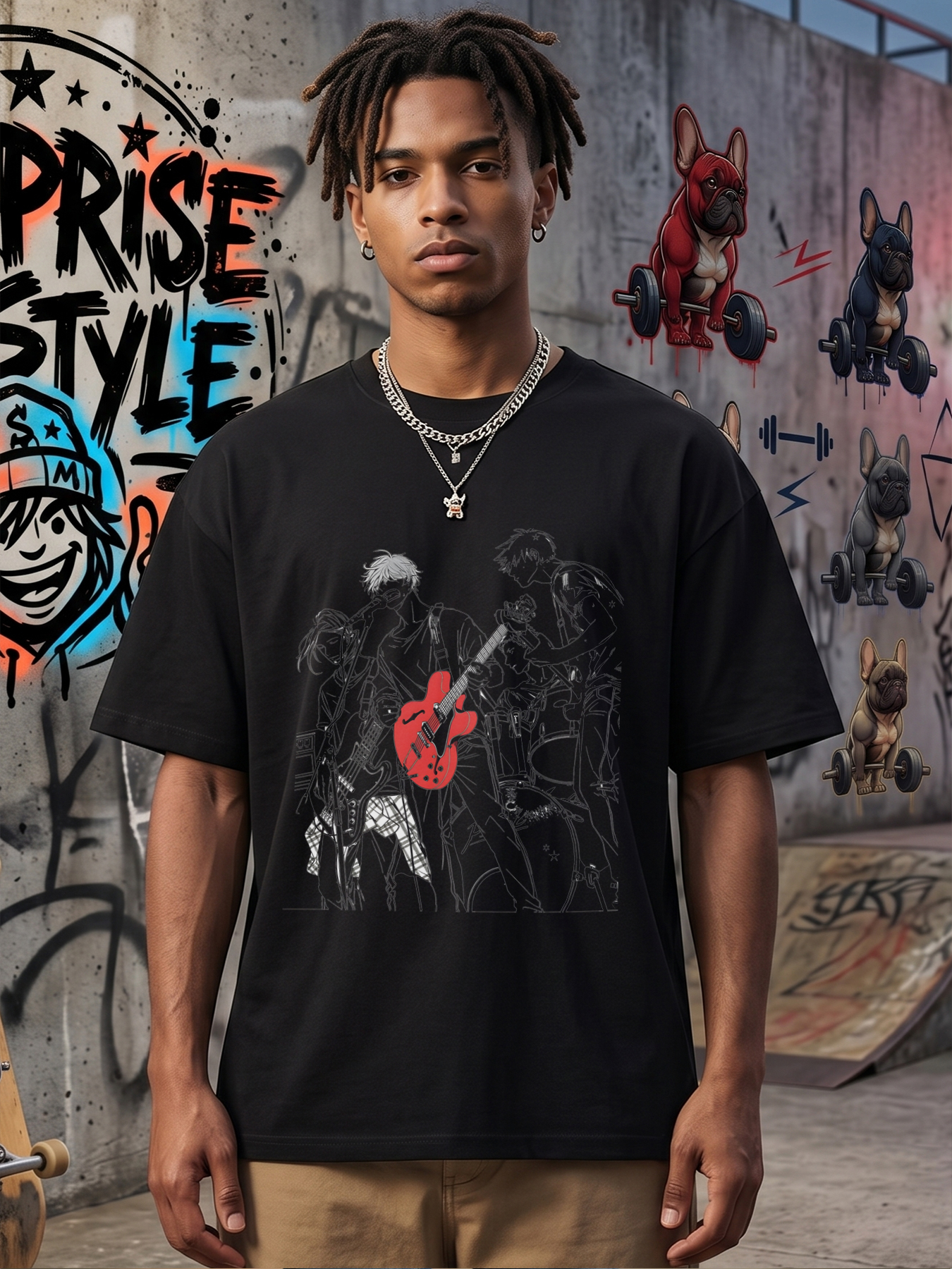 Men's Printed T-Shirt Rock Band Guitar Design Black and Red Graphic Casual Round Neck Summer Lightweight Breathable Short Sleeve Tee for Music Lovers and Rock Fans